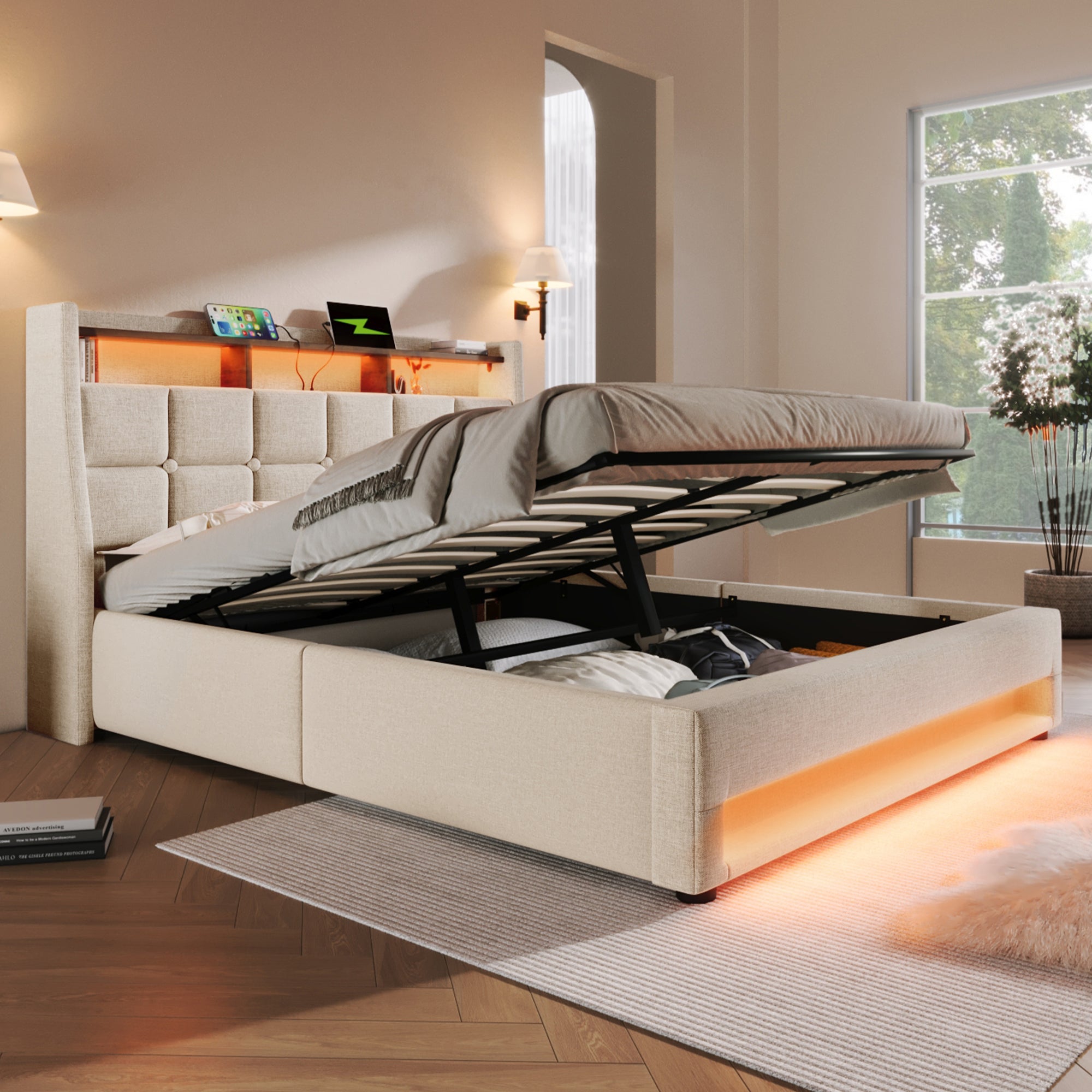 Upholstered Bed 150 x 200 cm with LED Lighting, USB Type-C Charging Function, Storage Headboard, 5FT King Size Storage Bed Frame with Metal Slatted Frame, Linen, Beige (No Mattress)