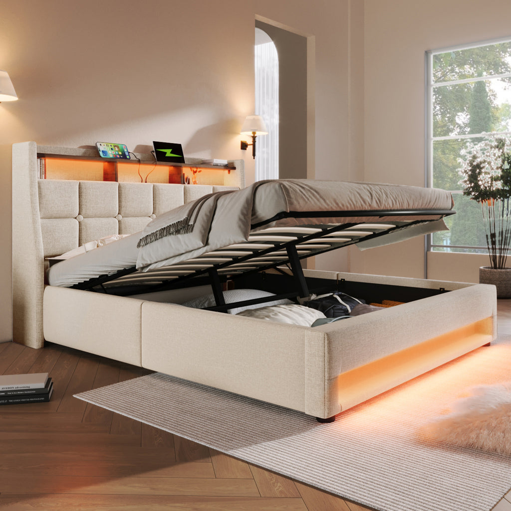Upholstered Double Bed 135 x 190 cm with LED Lighting, USB Type-C Charging Function, Storage Headboard, 4FT6 Double Bed Storage Bed Frame with Metal Slatted Frame, Linen, Beige (No Mattress)