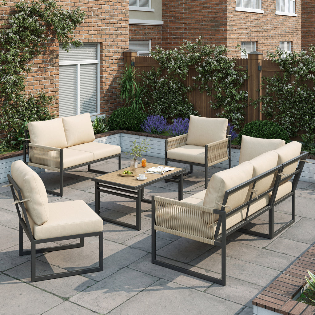 6-7 Seater Garden Furniture Set with Height Adjustable Rising Coffee Table, Corner Sofa with Polyester Rope, Weatherproof Outdoor Patio Dining Lounge Set for Balcony and Terrace, Beige