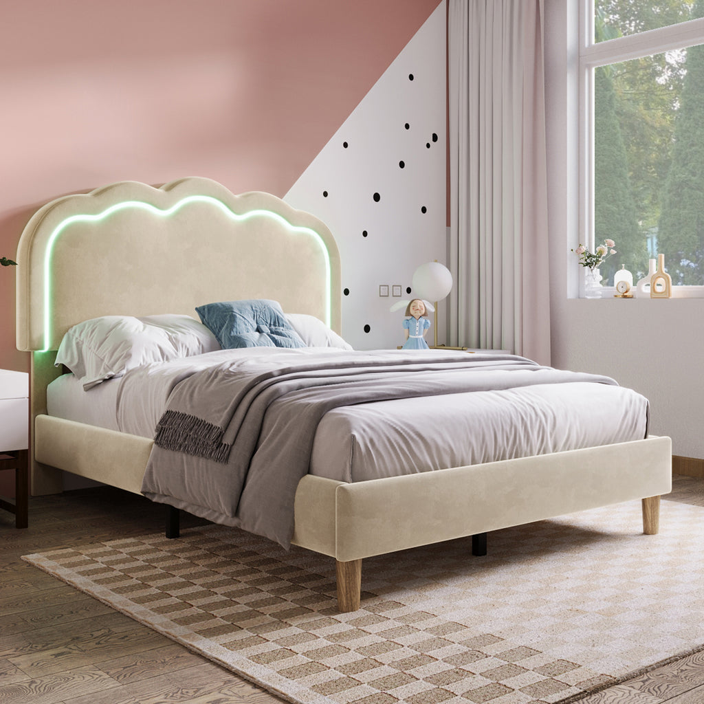 Upholstered Bed, 3ft 90x190cm Single Bed with LED, Bed Frame with Wooden Slats and Adjustable Height Headboard, Teen Bed for Bedroom and Guest Room, Beige, Velvet Material, Without Mattress.