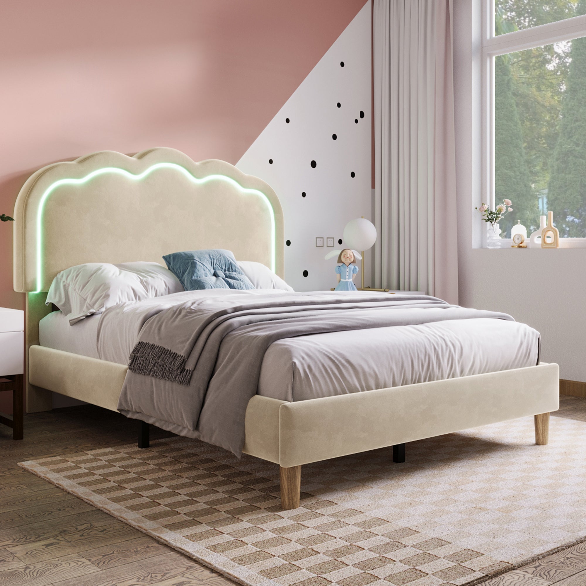 Upholstered Bed, 3ft 90x190cm Single Bed with LED, Bed Frame with Wooden Slats and Adjustable Height Headboard, Teen Bed for Bedroom and Guest Room, Beige, Velvet Material, Without Mattress.