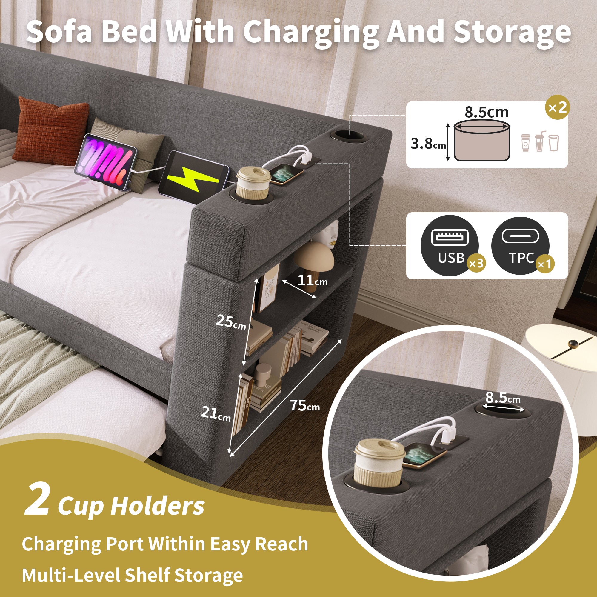 (=TT20148990G) Daybed Upholstered Bed 90 x 190 cm, 3FT Single Sofa Bed with Cup Holders, USB &Type C Charging Station, Pull out Trundle for Living Room and Bedroom, Linen, Grey  (No Mattress)