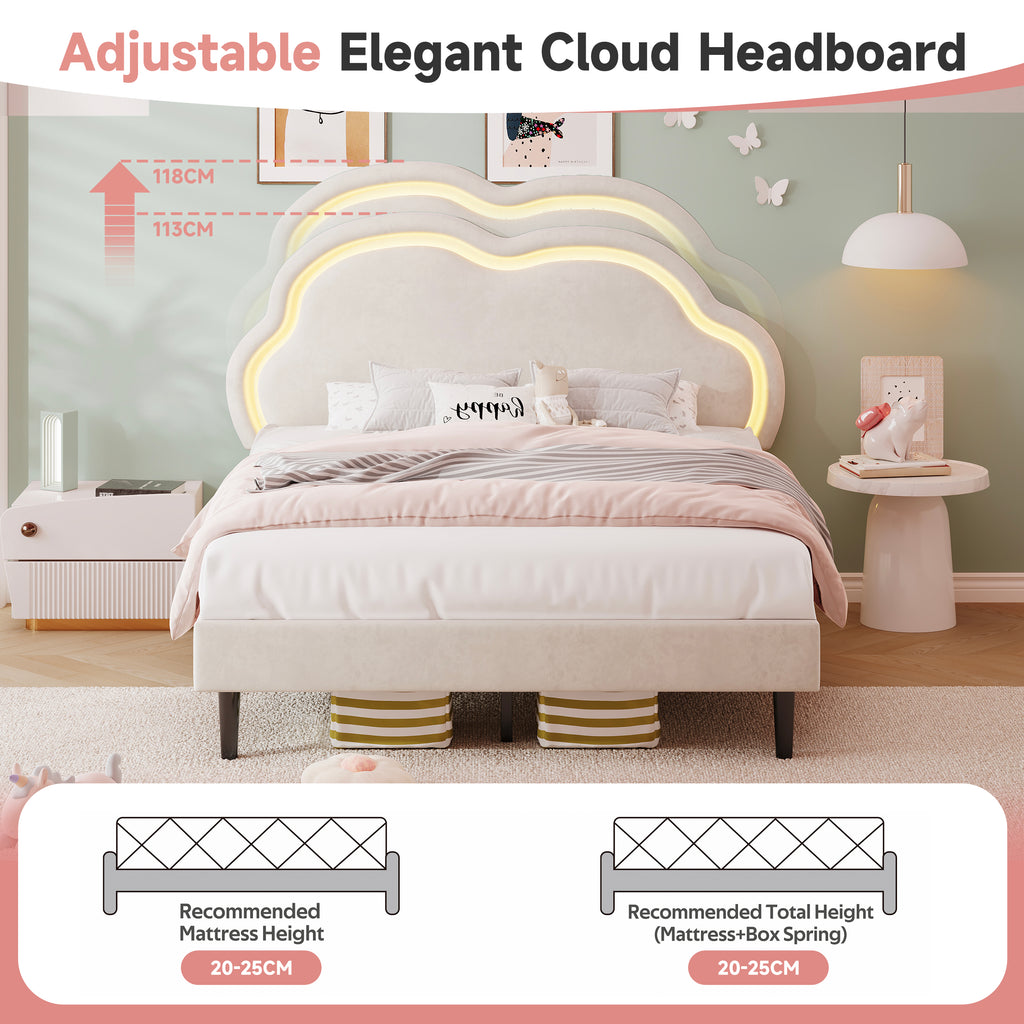 4ft6 Double Upholstered Bed with LED Adjustable Cute Cloud Headboard, Soft Velvet Bed Frame with Solid Wood Slat, No Box Spring Needed, Easy Assembly, Cream White (No Mattress)