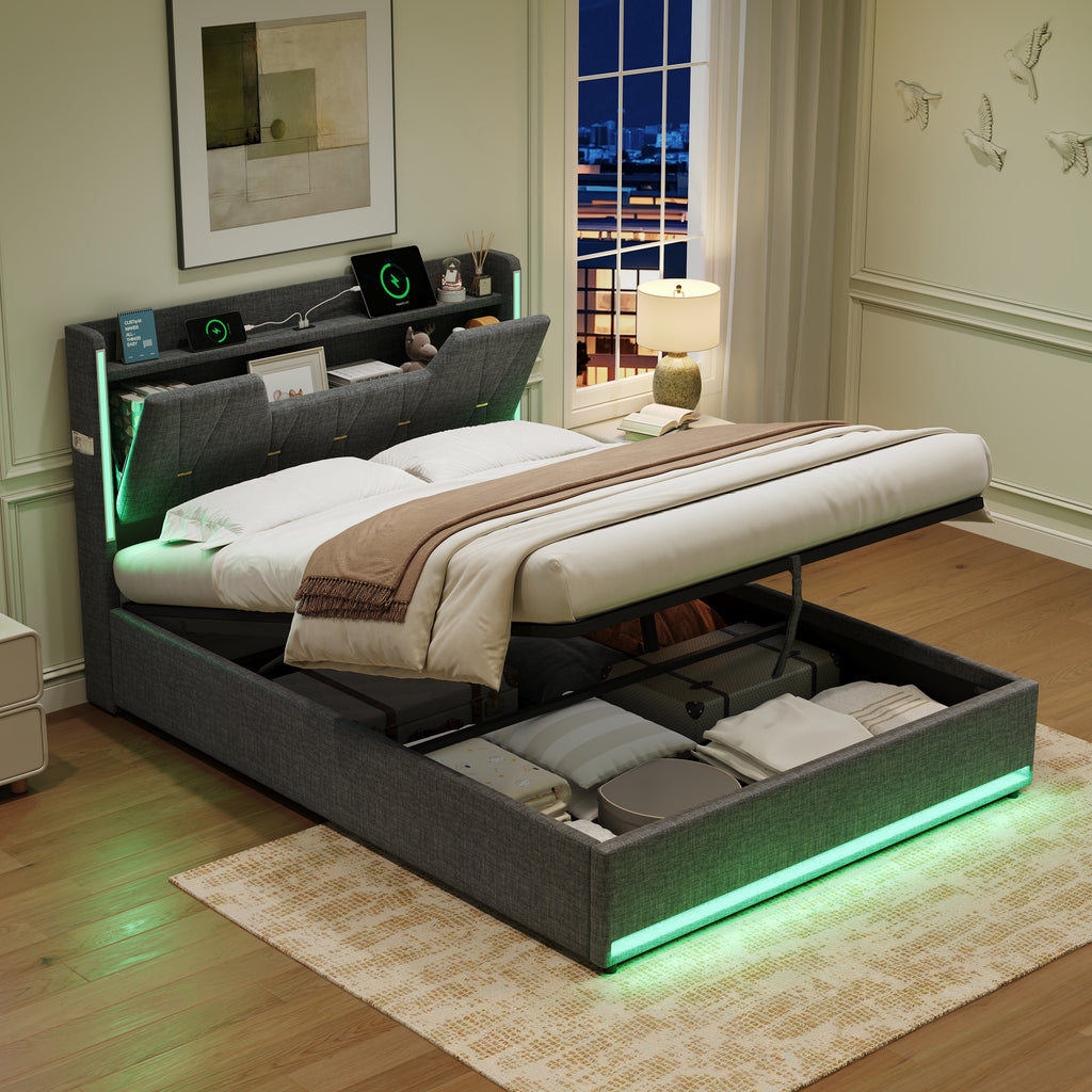 4ft6 Double Upholstered Bed Frame with Hydraulic Storage,  LED X-Shape Headboard with Charging Station and Flip-top Headboard Storage, USB and Type - C Ports, Linen, Grey (No Mattress)