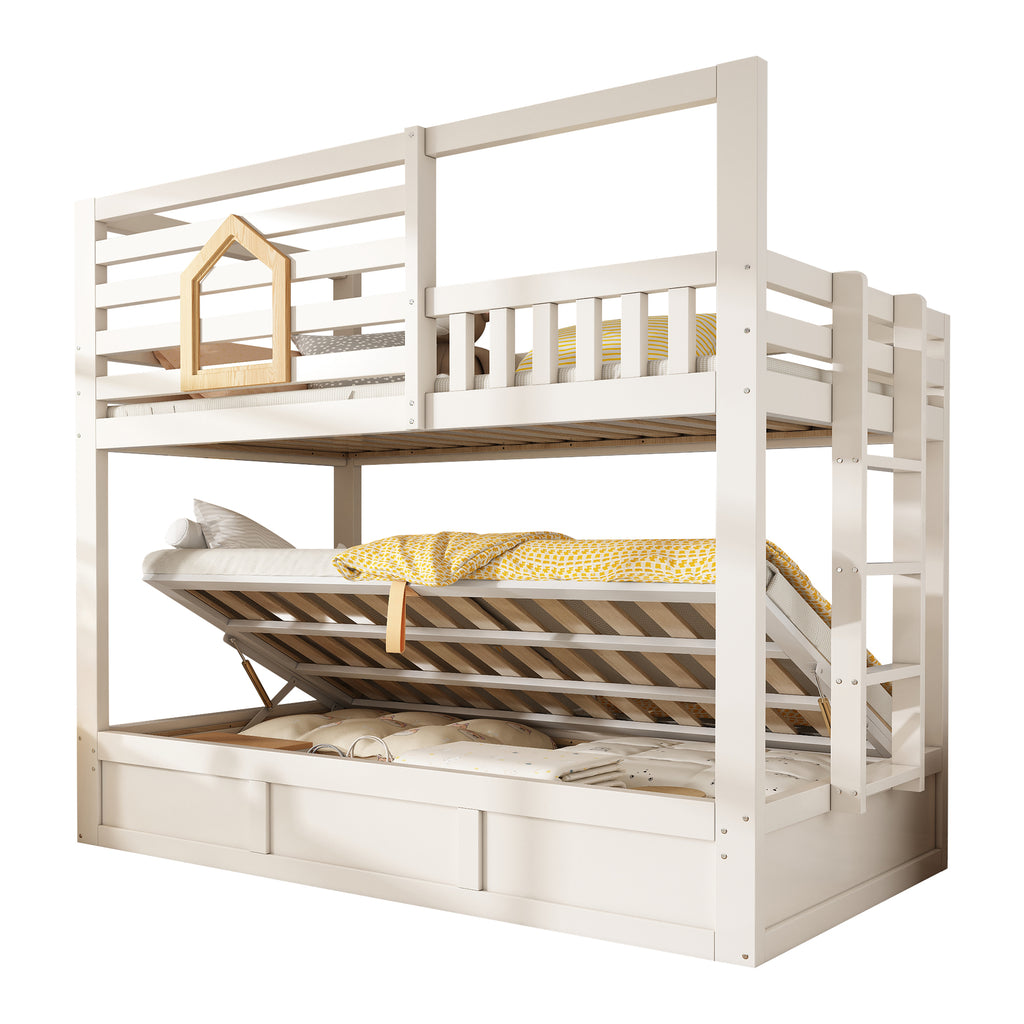 Bunk Beds for Kids with Ladder, Wooden Cabin Bed Hydraulic Storage, Children's House Bed, Twin Sleeper (90+90) x 190 cm, Solid Wood, White