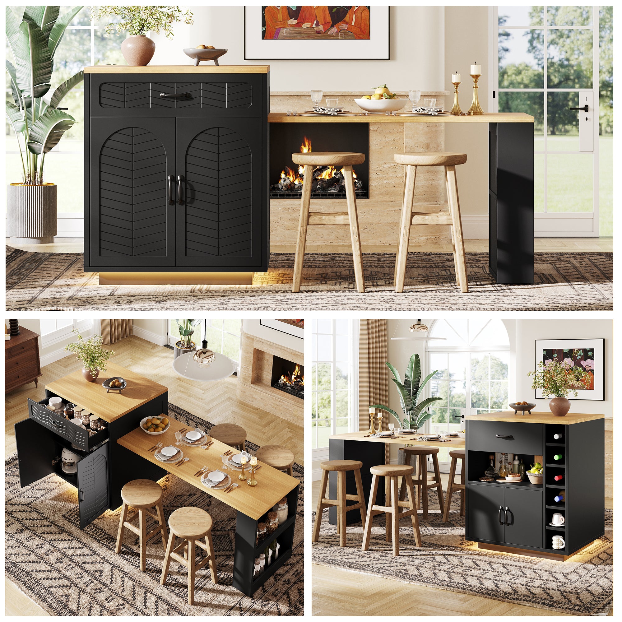 Extendable Kitchen Island with Dining Table, Multifunctional Storage Cabinet with Drawers, Doors, Wine Rack & LED Light, for Kitchen & Dining Room