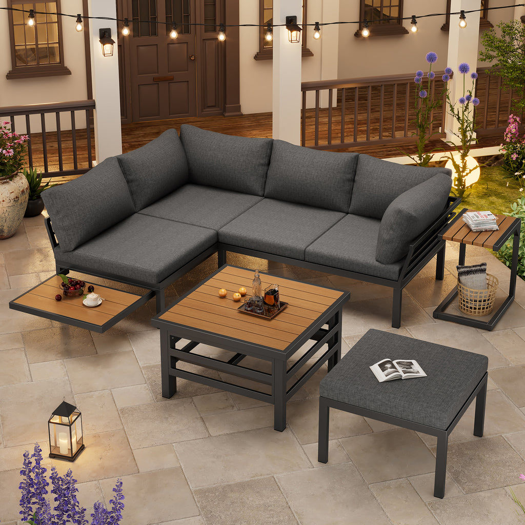 Outdoor Patio Furniture Set (2 Double Sofas + 1 Ottoman), 1 Plastic Lift-Top Coffee Table, Galvanized Iron Frame, with Seat Cushions & Pillows, Includes Small Side Table with Extendable Tabletop