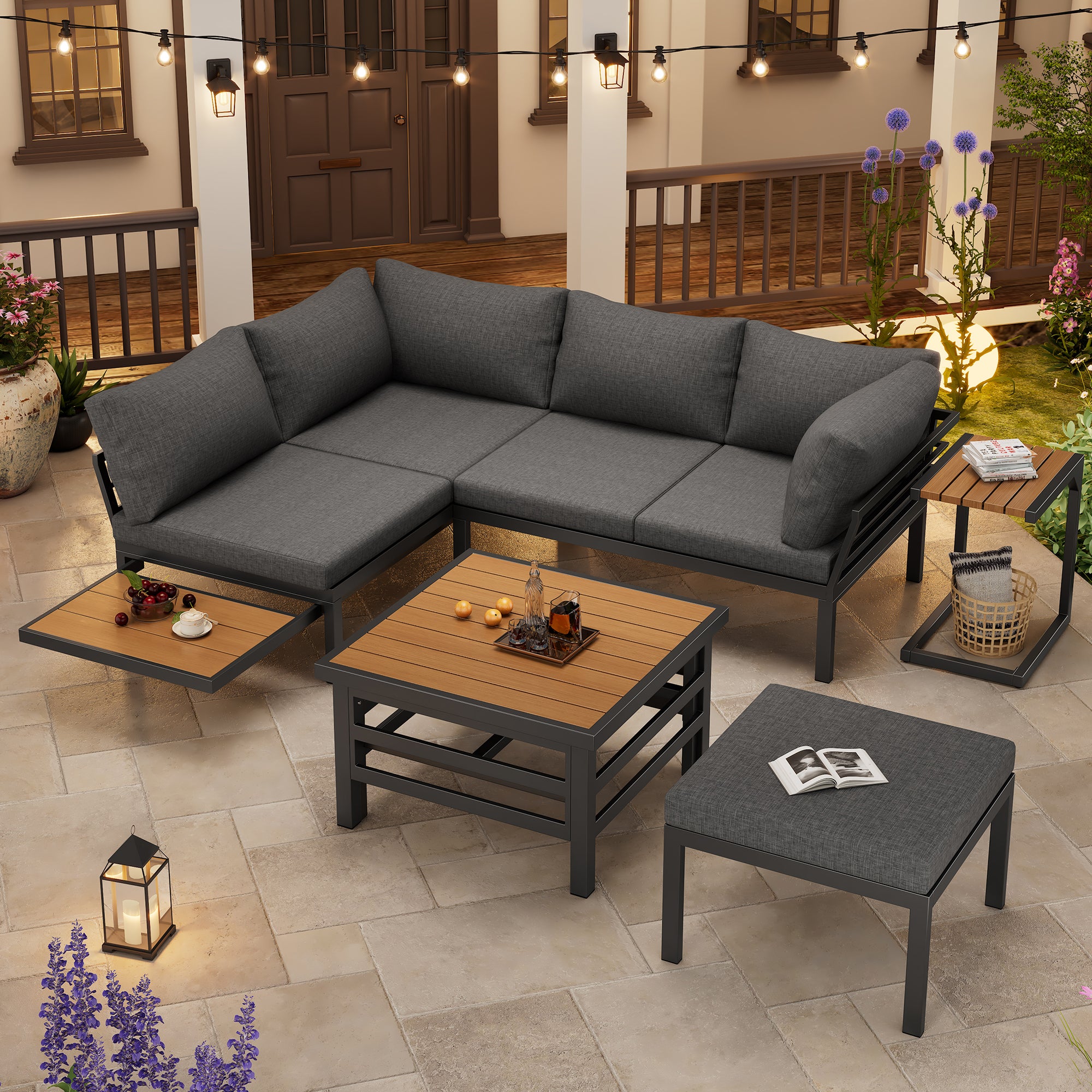 Outdoor Patio Furniture Set (2 Double Sofas + 1 Ottoman), 1 Plastic Lift-Top Coffee Table, Galvanized Iron Frame, with Seat Cushions & Pillows, Includes Small Side Table with Extendable Tabletop