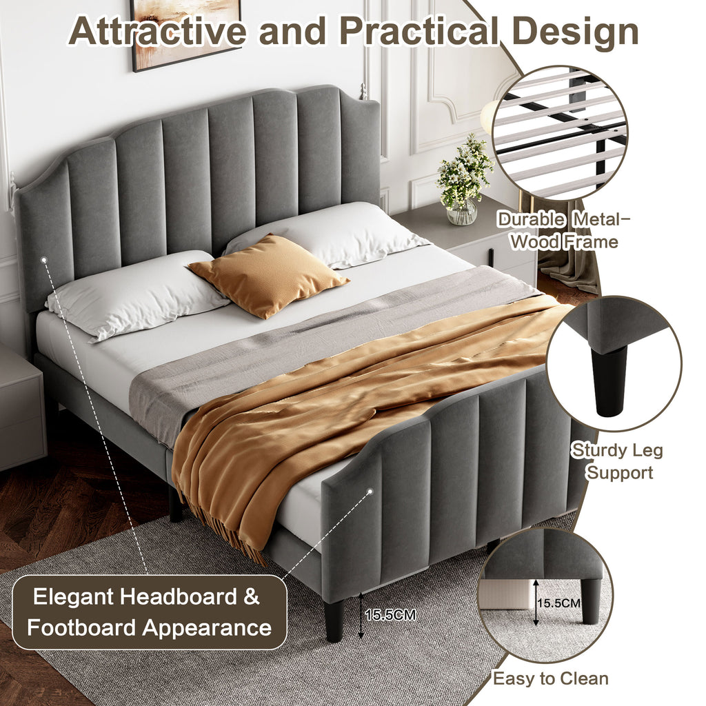 4ft6 Double Upholstered Bed Frame with Adjustable Chic Channel-Tufted Headboard, Velvet Platform Bed Frame with Solid Wood Slat and Mute Foam, No Box Spring Needed, Easy Assembly, Grey (No Mattress)