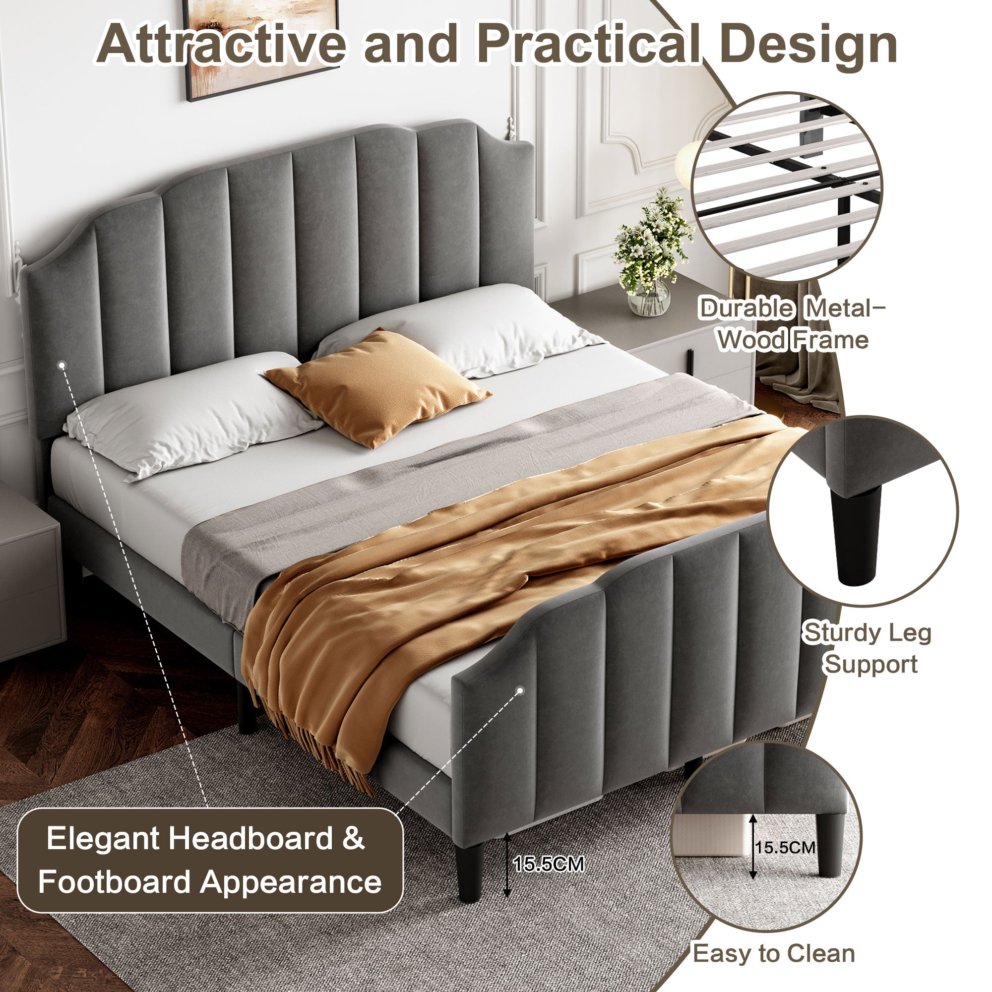 4ft6 Double Upholstered Bed Frame with Adjustable Chic Channel-Tufted Headboard, Velvet Platform Bed Frame with Solid Wood Slat and Mute Foam, No Box Spring Needed, Easy Assembly, Grey (No Mattress)