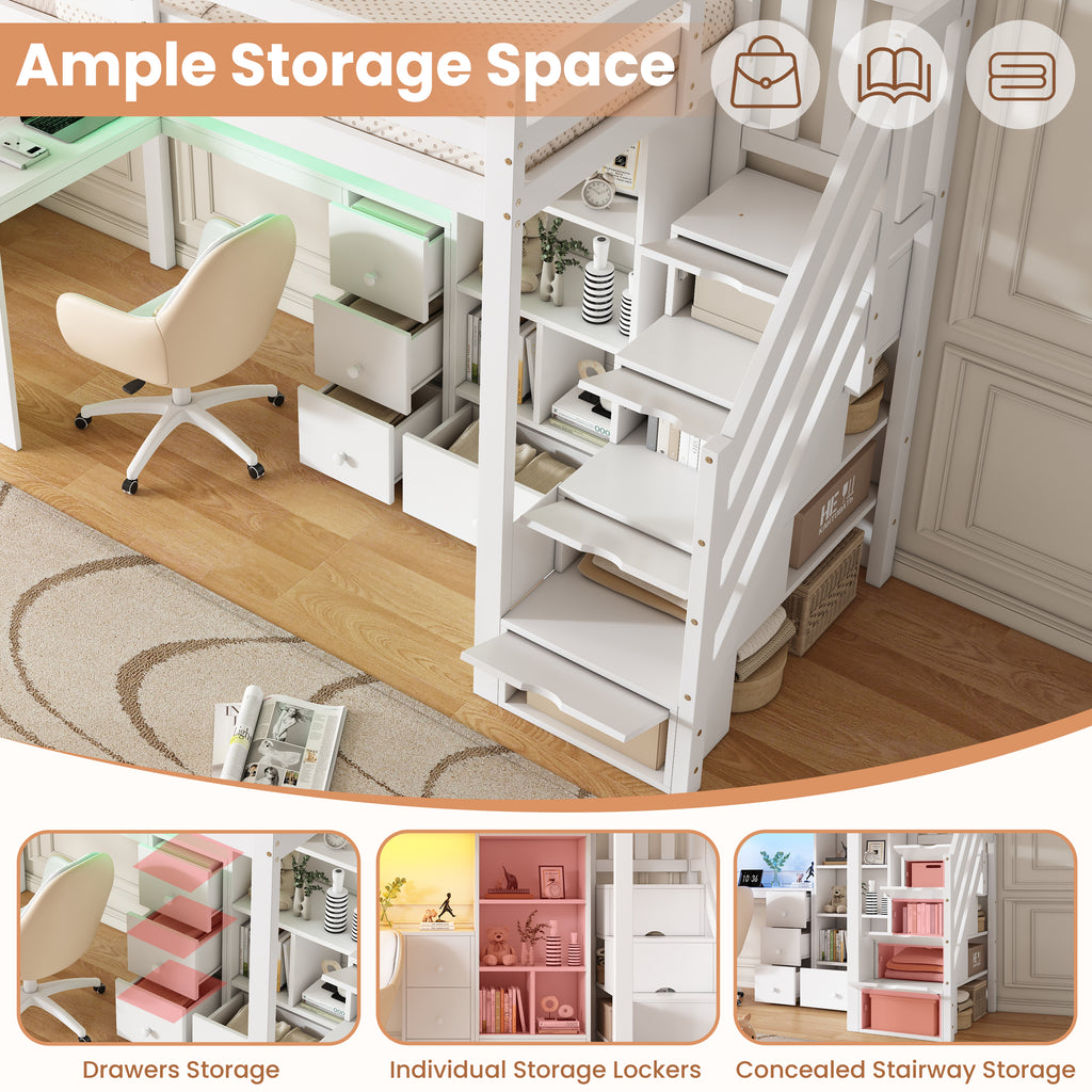 3ft Single Loft Bed with L-Shaped Desk & Storage Stairs, Wooden Bed Frame with Smart RGB LED Lights, Integrated Drawers & Individual Storage Locker, Modern Space-Saving Solution, White (No Mattress)