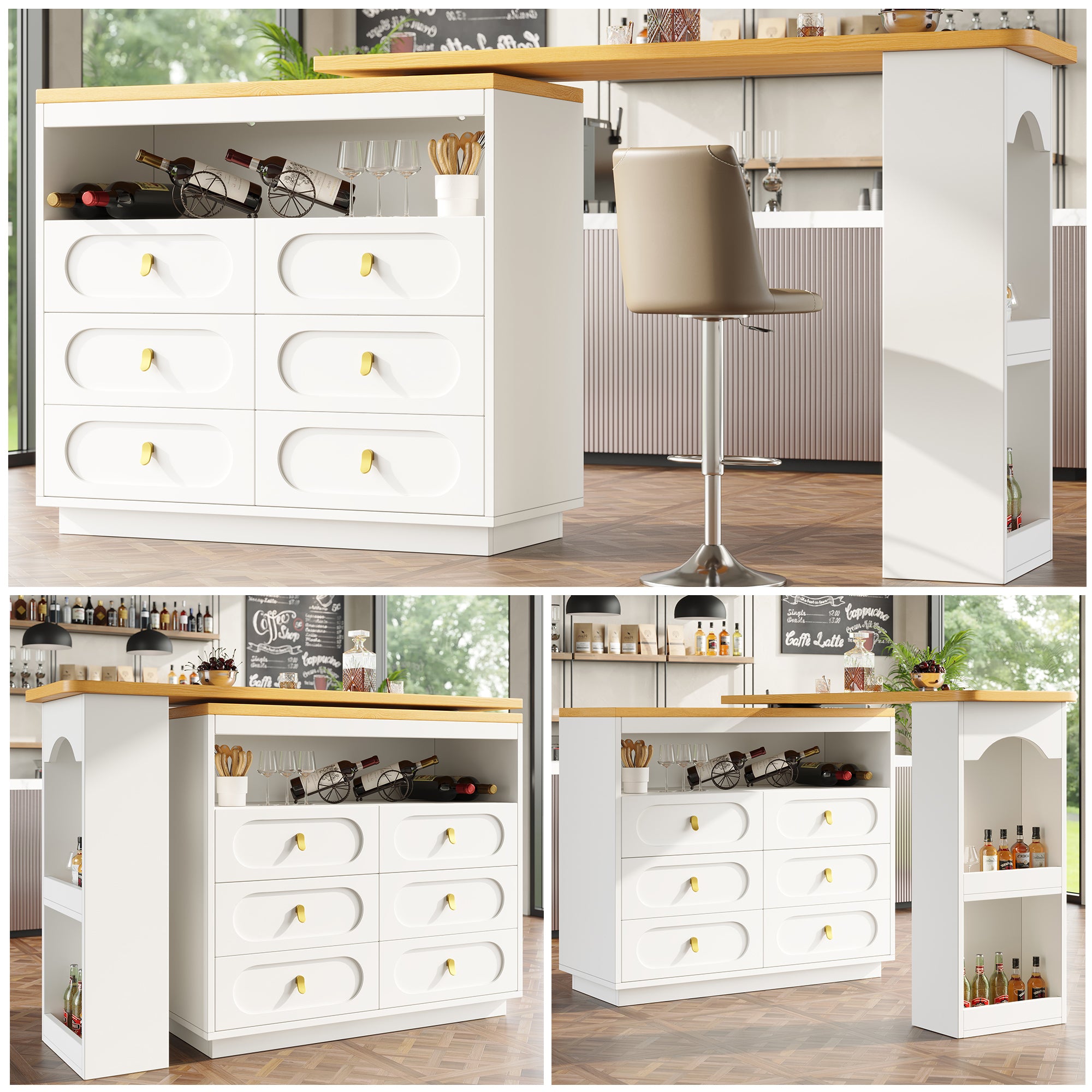 360° rotating bar table (main body 137 x 39 x 90 cm), coffee bar furniture, rotating dining bar with storage, kitchen island, with spice rack, six drawers, open storage space, white