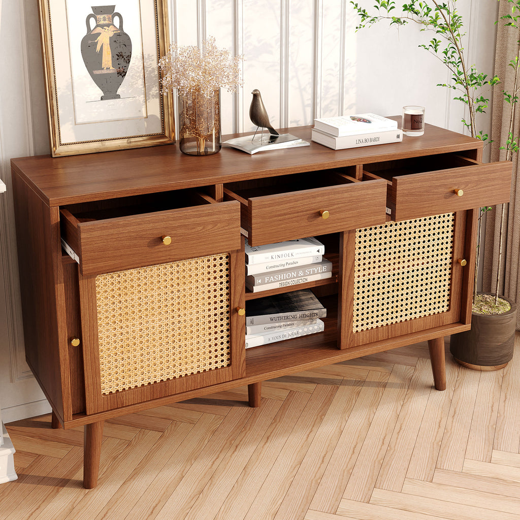 Modern sideboard 120*40*78cm, rattan door design, with 3 drawers and storage compartments, retro wooden sideboard, suitable for dining room and living room