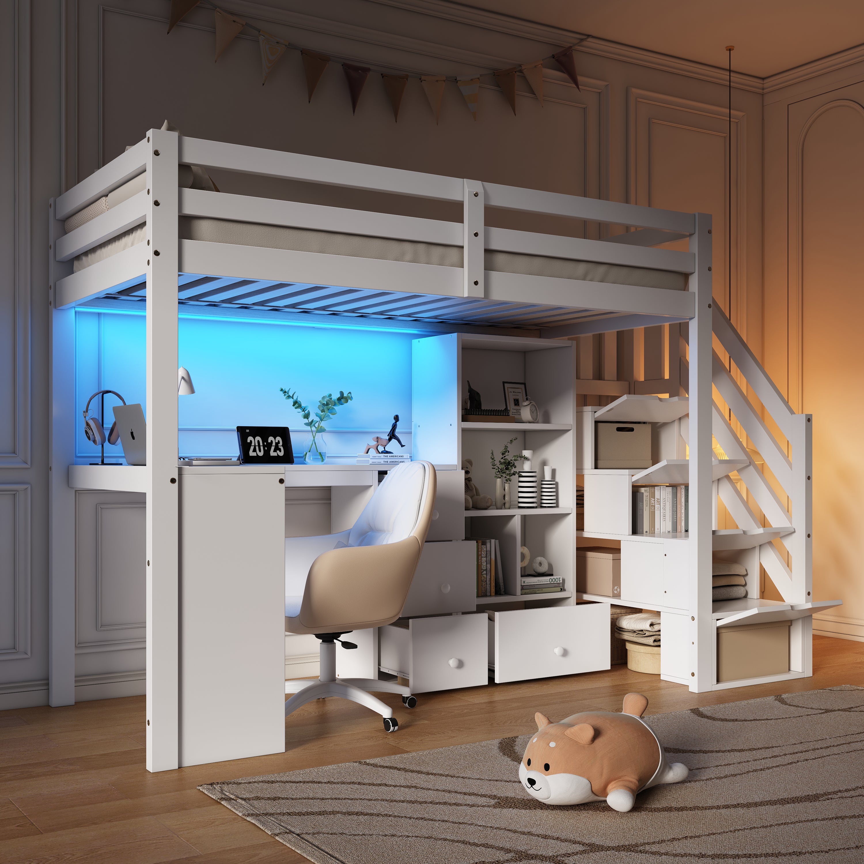 3ft Single Loft Bed with L-Shaped Desk & Storage Stairs, Wooden Bed Frame with Smart RGB LED Lights, Integrated Drawers & Individual Storage Locker, Modern Space-Saving Solution, White (No Mattress)