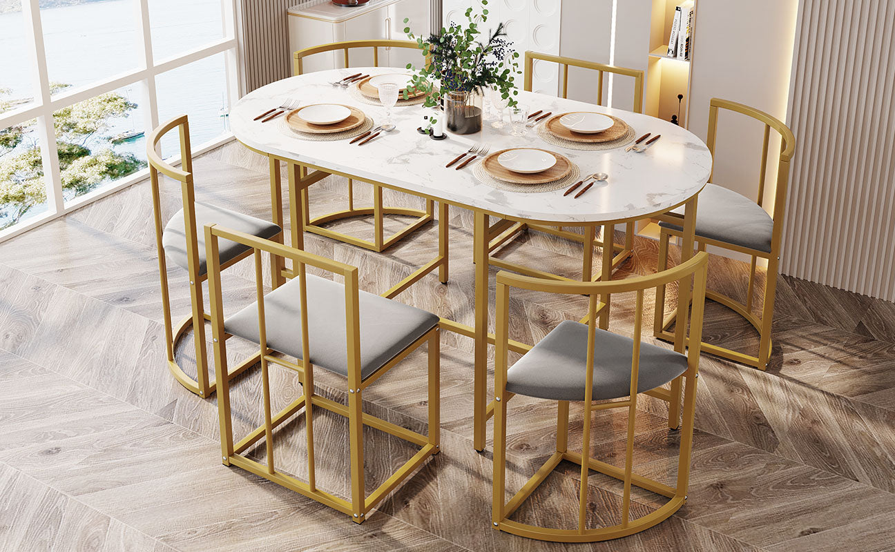 Six-Chair Dining Table Set:(White Table, Chairs with Backrests and Gray Upholstery, Gold Iron Frame),Dining Room Table and Chair Set,Modern Dining Table Combination