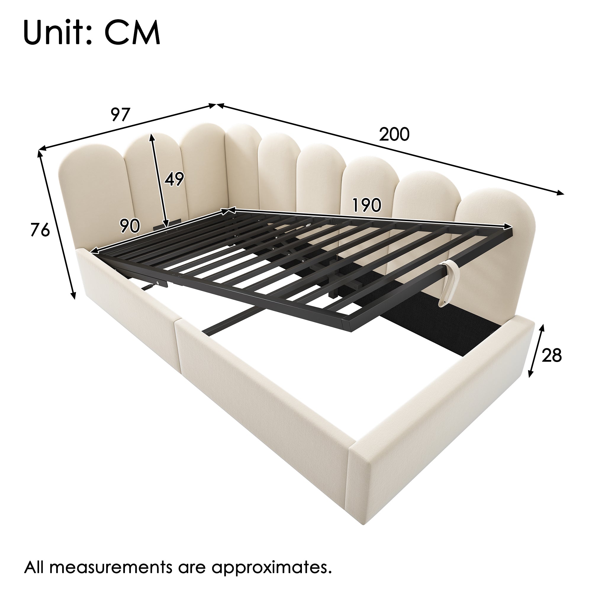 Upholstered Bed Daybed with Storage, 3FT Single Sofa Bed 90 x 190 cm, Daybed with Hydraulic Storage, Bed Frame with Metal Slatted Frame, Velvet, Beige (No Mattress)