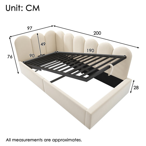 Upholstered Bed Daybed with Storage, 3FT Single Sofa Bed 90 x 190 cm, Daybed with Hydraulic Storage, Bed Frame with Metal Slatted Frame, Velvet, Beige (No Mattress)