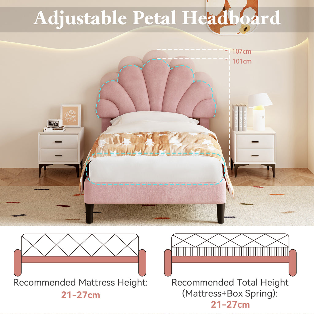 3ft Single Upholstered Velvet Bed Frame, with Adjustable Chic Petal Headboard, Velvet Platform Bed Frame with Solid Wood Slat, No Box Spring Needed, Easy Assembly, Pink