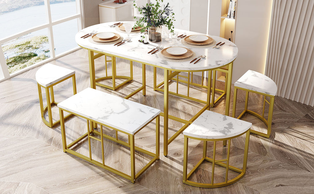 Dining room table set with six chairs, Dining group with white MDF seat cushions and gold-plated iron frames, Modern luxury tables and chairs