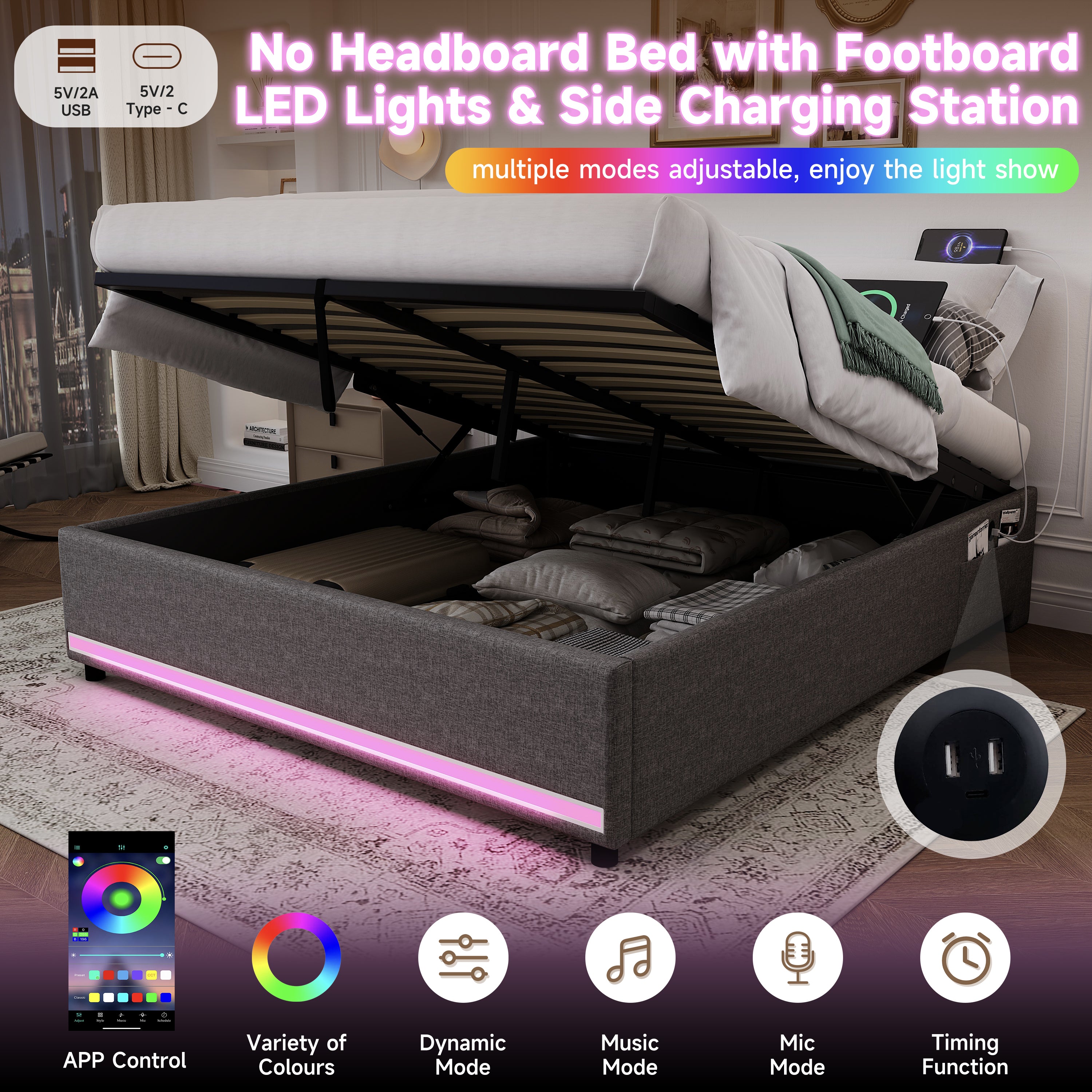 4ft6 Double Hydraulic Storage Bed, No Headboard Linen Bed Frame with APP Control LED Lights, Side Charging Station, Side Pockets, Grey (No Mattress)