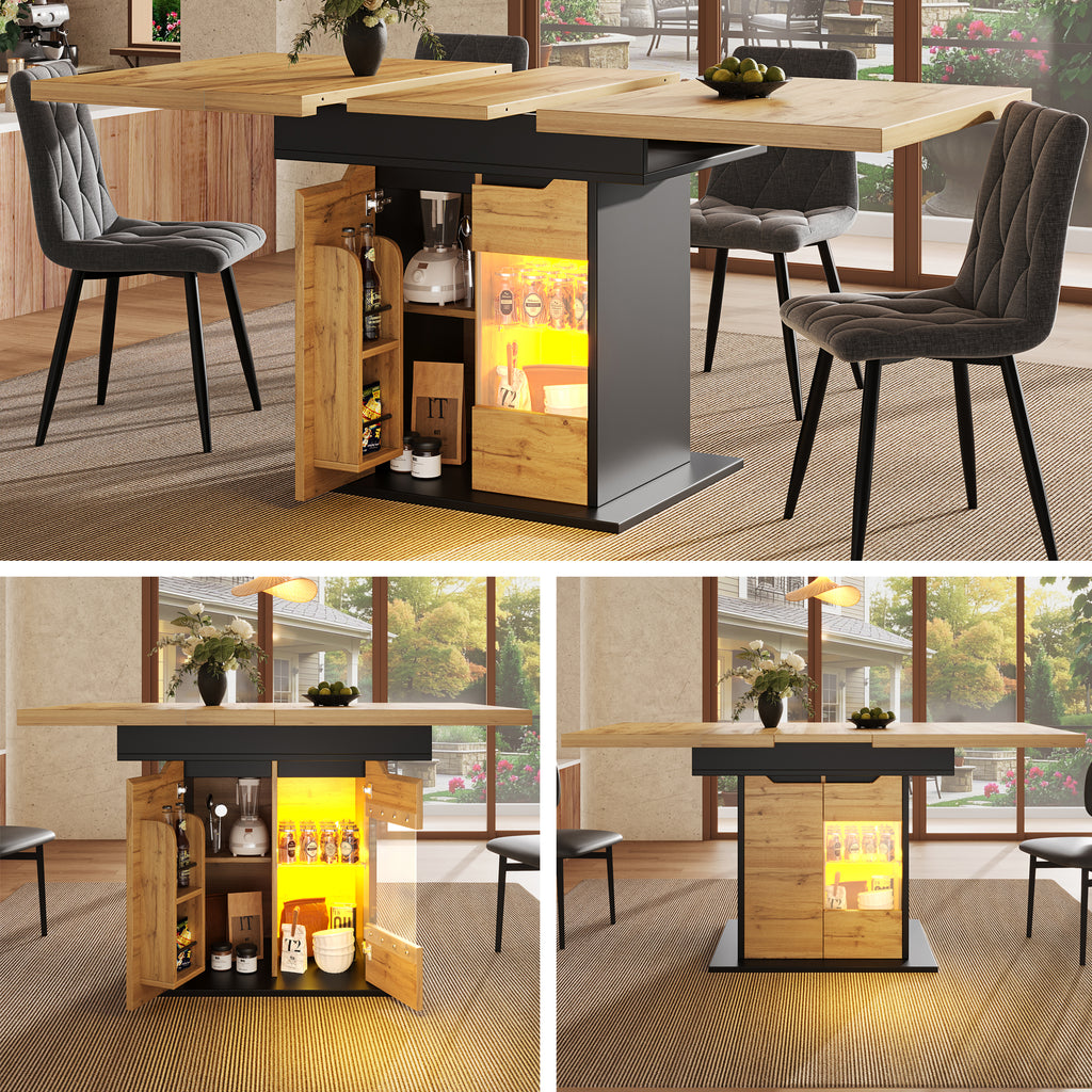 Telescopic dining table (110-140×80cm), foldable kitchen table for 4-6 people, extendable dining table, space-saving kitchen table, table with LED lighting and snack shelf, cabinet doors