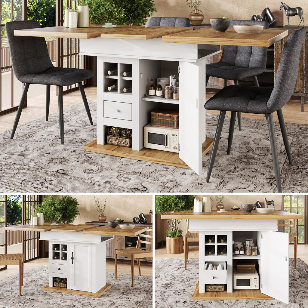 Telescopic dining table (110-140×80cm), foldable kitchen table for 4-6 people, extendable dining table, space-saving kitchen table, for kitchen and living room, dining table with wine rack and drawers
