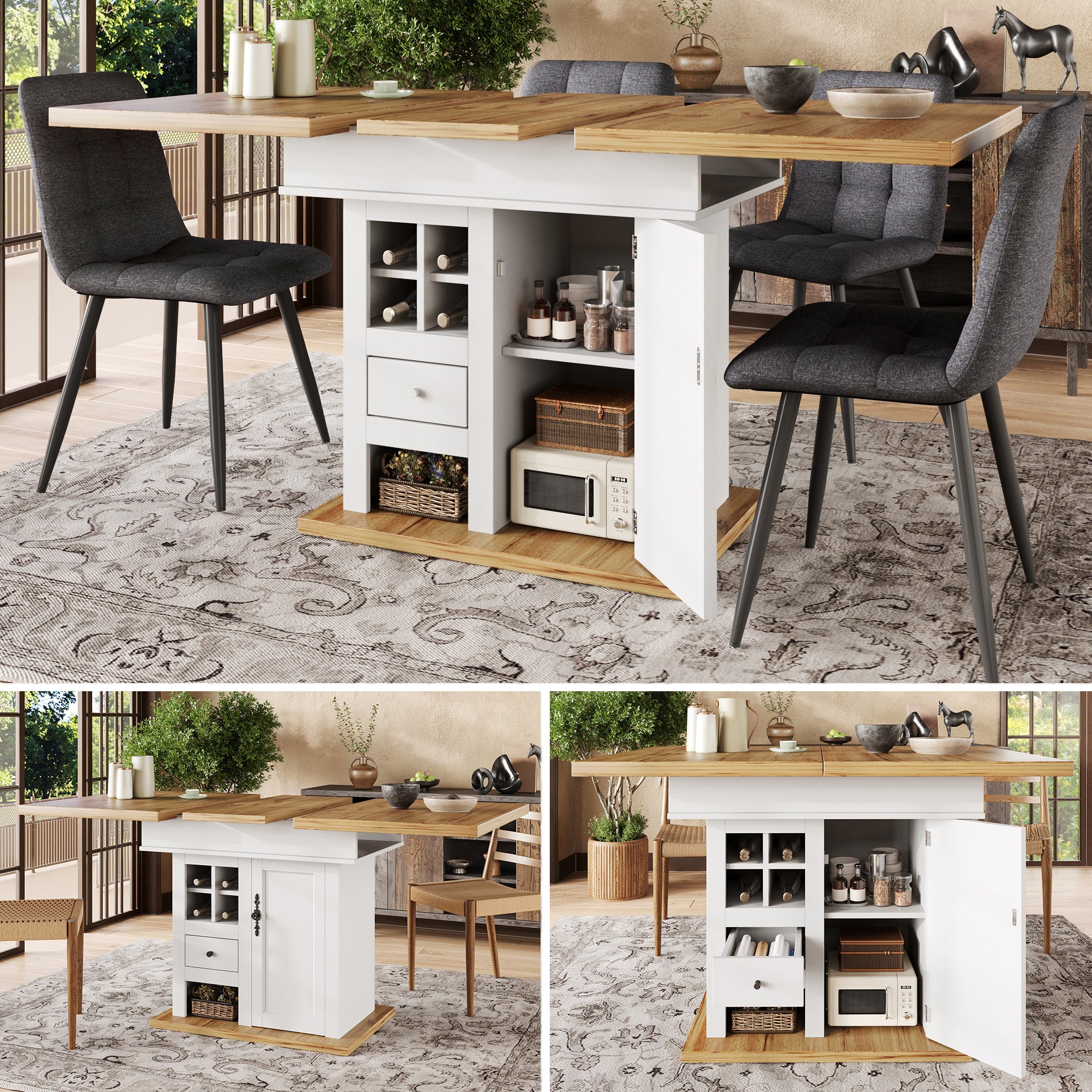 Telescopic dining table (110-140×80cm), foldable kitchen table for 4-6 people, extendable dining table, space-saving kitchen table, for kitchen and living room, dining table with wine rack and drawers