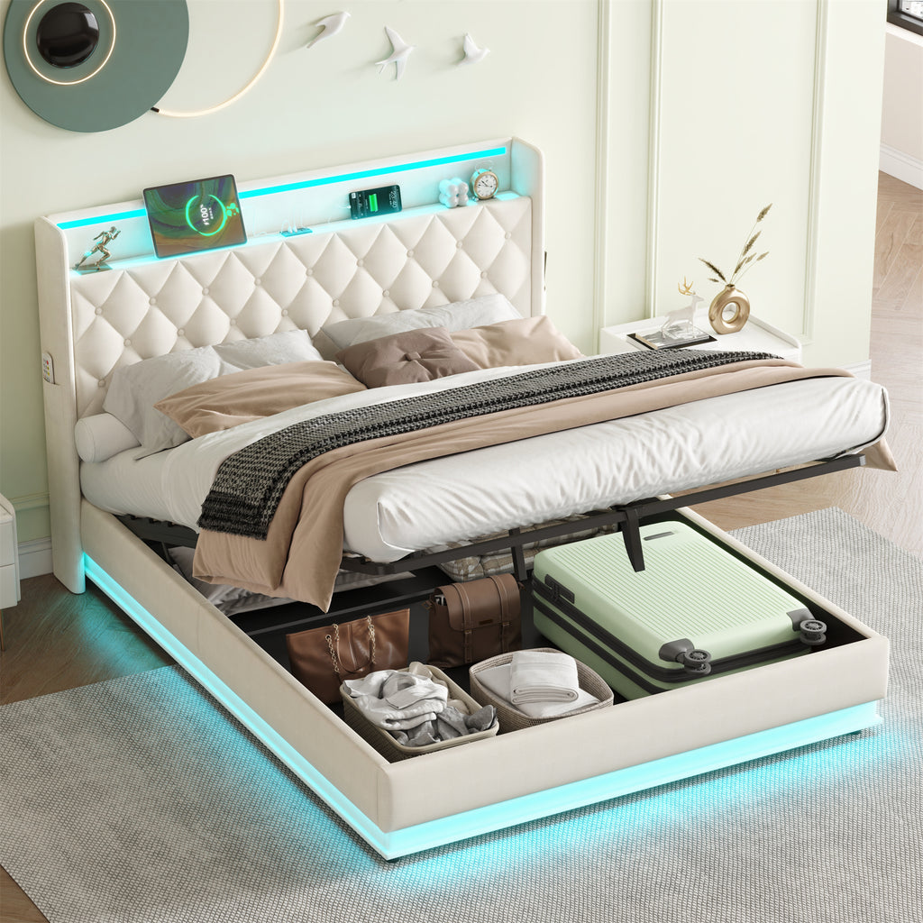 5ft King Upholstered Bed Frame with Hydraulic Storage, Linen Ottoman Bed with LED Lighting and Charging Station, LED Button Tufted Headboard with USB and Type - C Ports, No Box Spring Needed, Beige