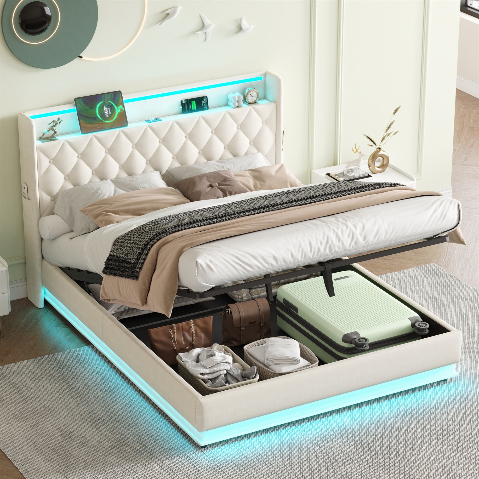 5ft King Upholstered Bed Frame with Hydraulic Storage, Linen Ottoman Bed with LED Lighting and Charging Station, LED Button Tufted Headboard with USB and Type - C Ports, No Box Spring Needed, Beige
