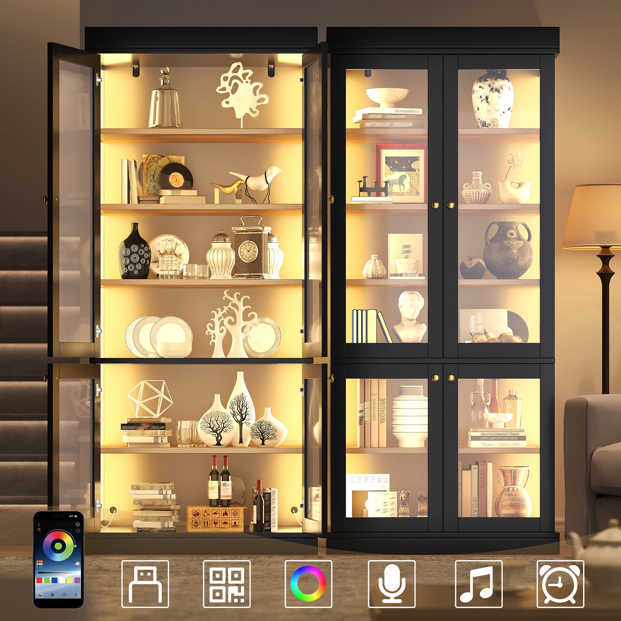 Modern freestanding cabinet with integrated LED mood lighting, glass display case, well-designed interior layout and anti-tip protection; stable, safe and versatile for home use; black