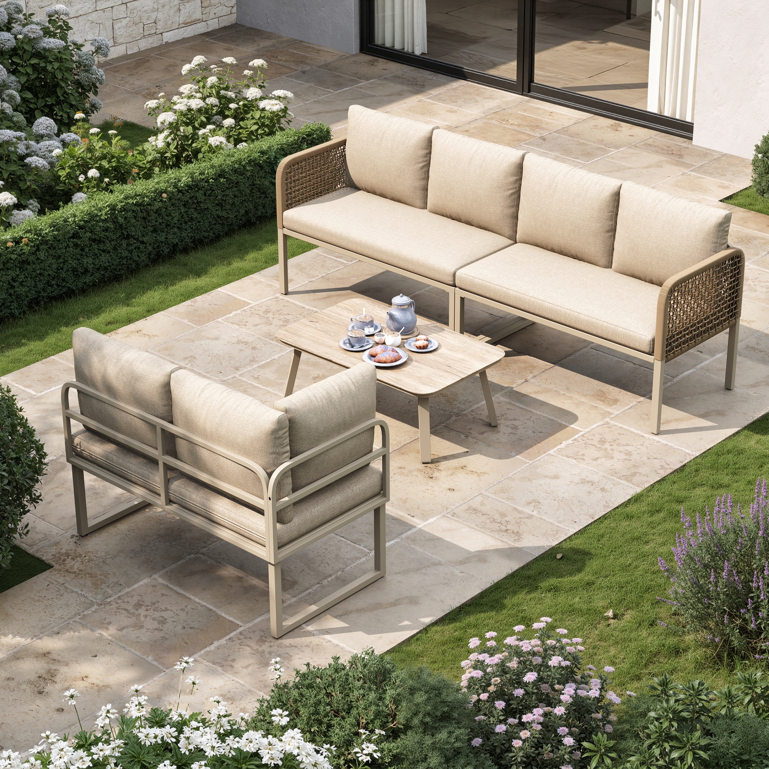 5-6 Seater Garden Furniture Set with Wood-look Tempered Glass Coffee Table, L-Shaped Corner Sofa with Polyester Rope, Weatherproof Outdoor Patio Dining Lounge Set for Balcony and Terrace, Linen, Beige