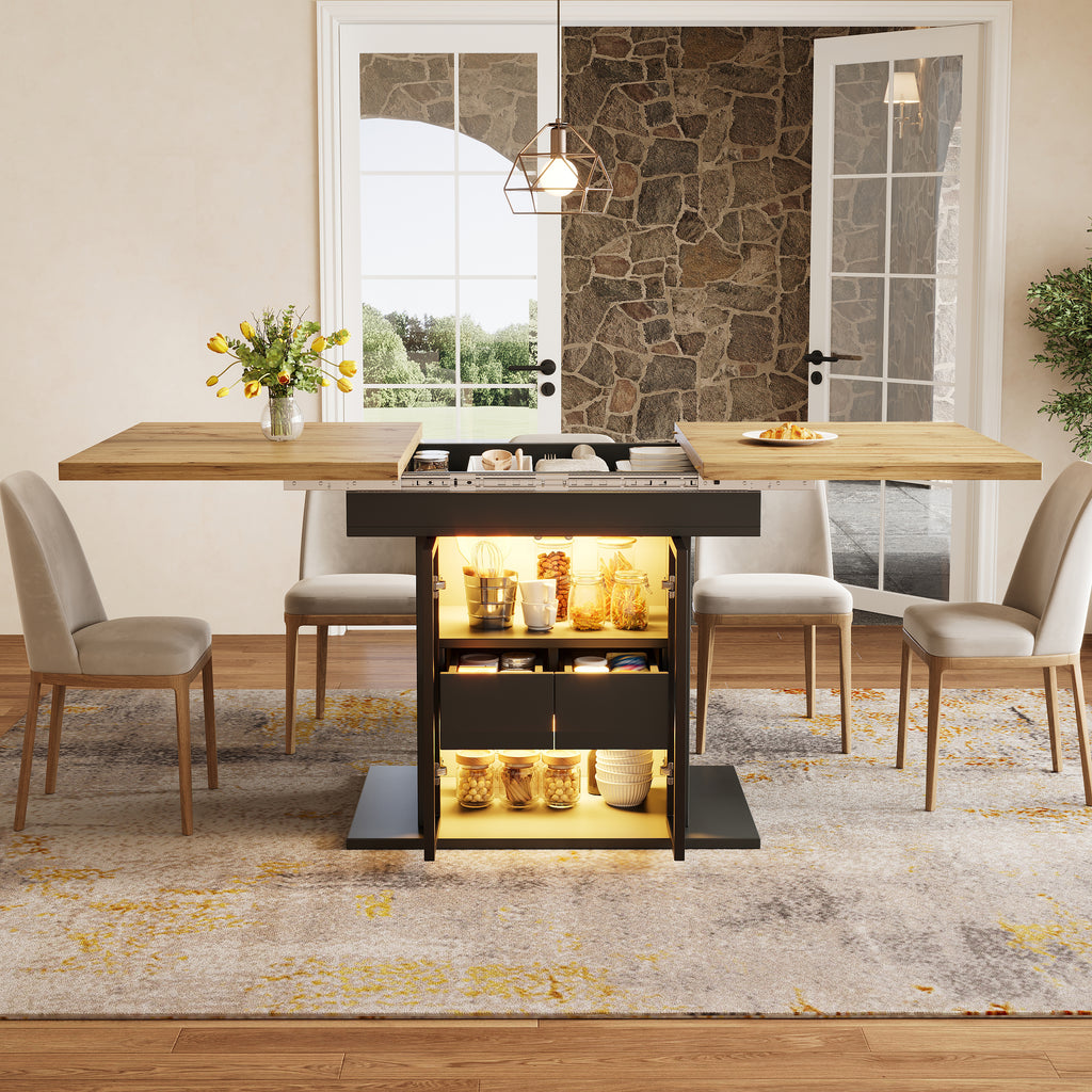 Extendable dining table with storage space & RGB LED lighting, 110–140cm, glass sliding doors & concealed push handles, white/black