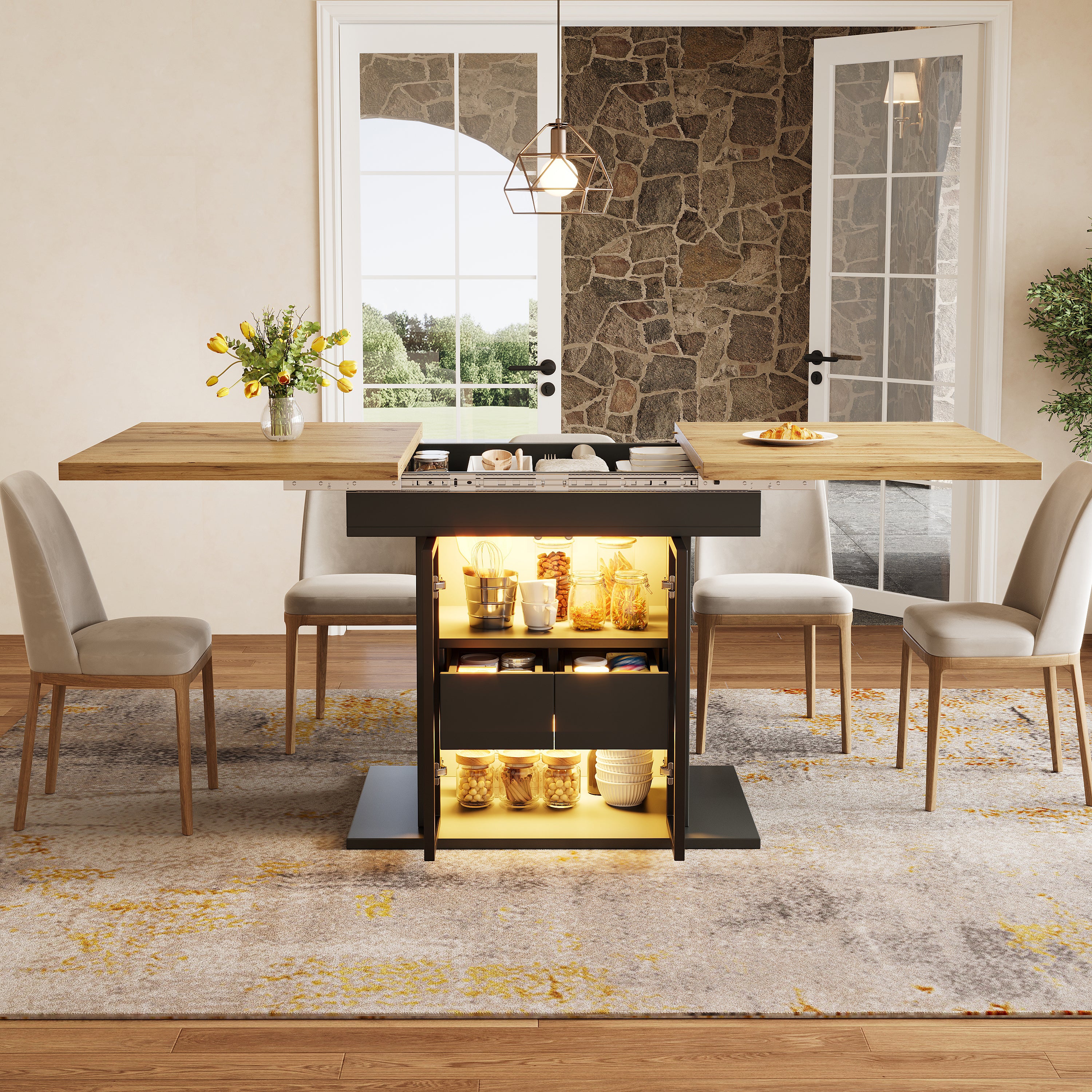 Extendable dining table with storage space & RGB LED lighting, 110–140cm, glass sliding doors & concealed push handles, white/black