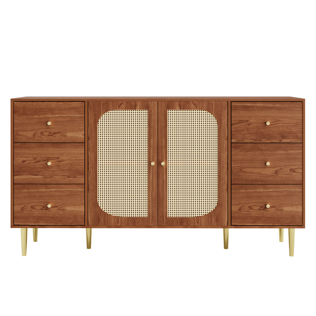 Modern sideboard 160*40*90cm, rattan door design, with 6 drawers, wooden texture, gold metal legs, dining room living room storage cabinet