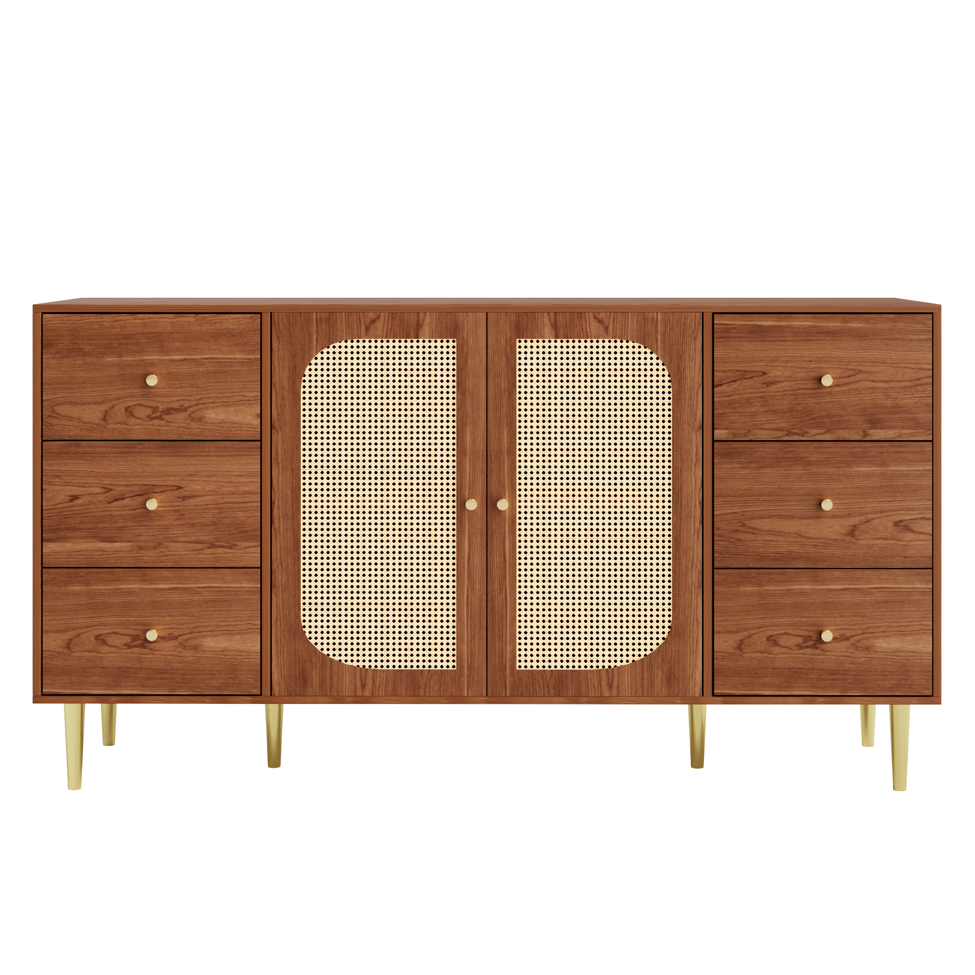 Modern sideboard 160*40*90cm, rattan door design, with 6 drawers, wooden texture, gold metal legs, dining room living room storage cabinet