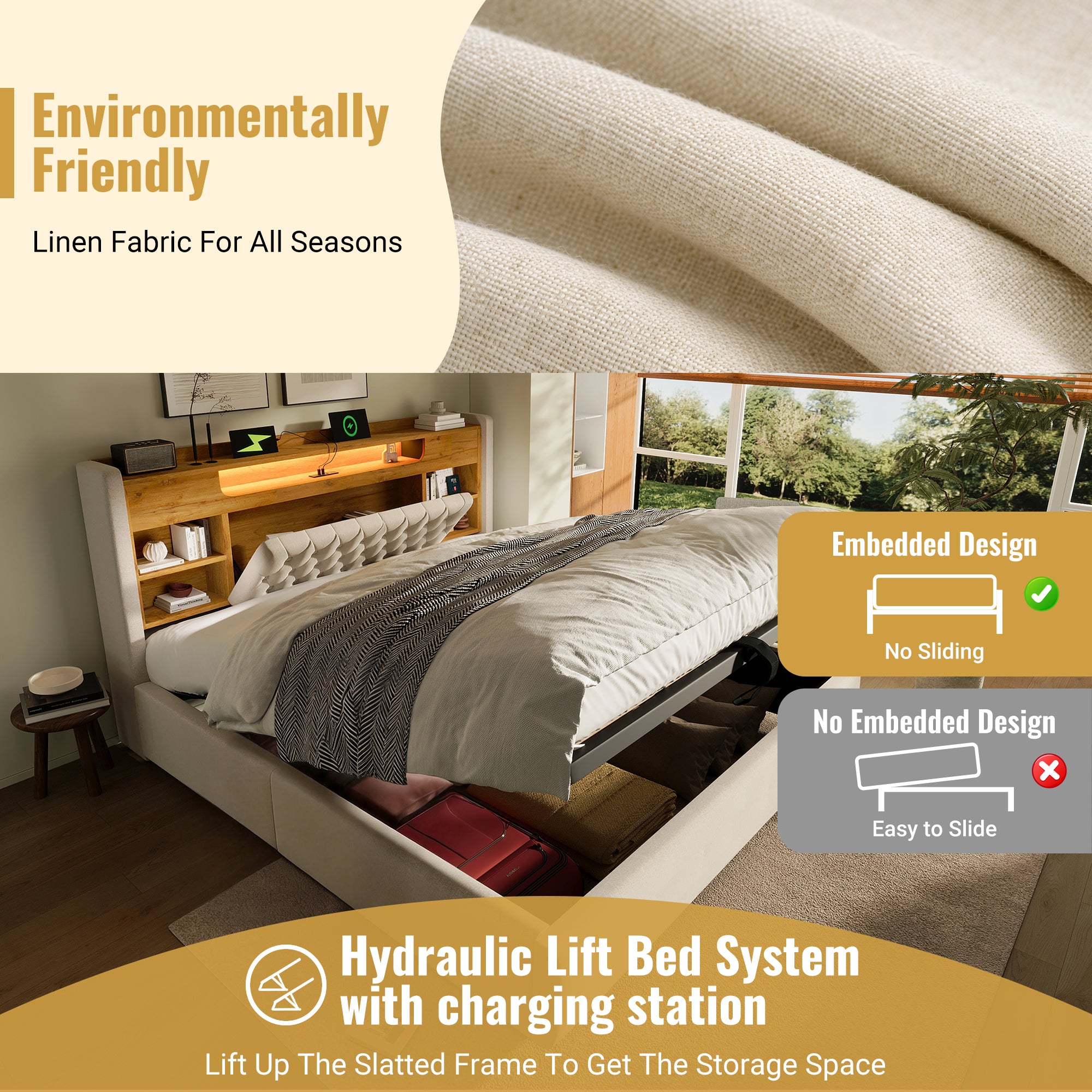 4ft6 Double Bed with Hydraulic Storage, Upholstered Bed Frame with LED Lighting & Charging Station, Storage Headboard for Cellphones & Tablets, 135 x 190 cm, Linen, Beige (No Mattress)