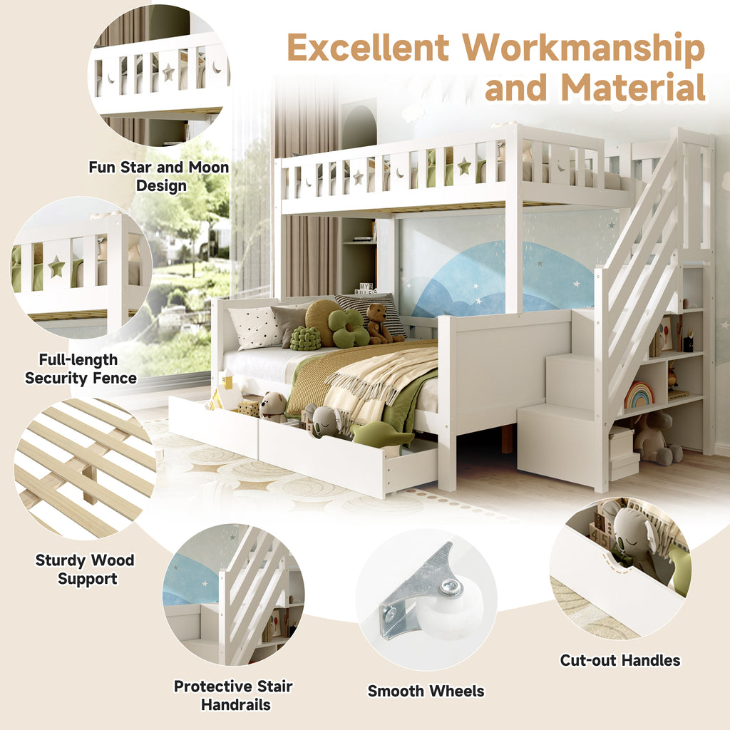 Bunk Bed with Two Storage Drawers and Side Hidden Storage Compartments, Solid Wood Loft Bed Frame with Space-Saving Design, Safety Guardrails & Staircase, Star and Moon Motifs, White (No Mattress)