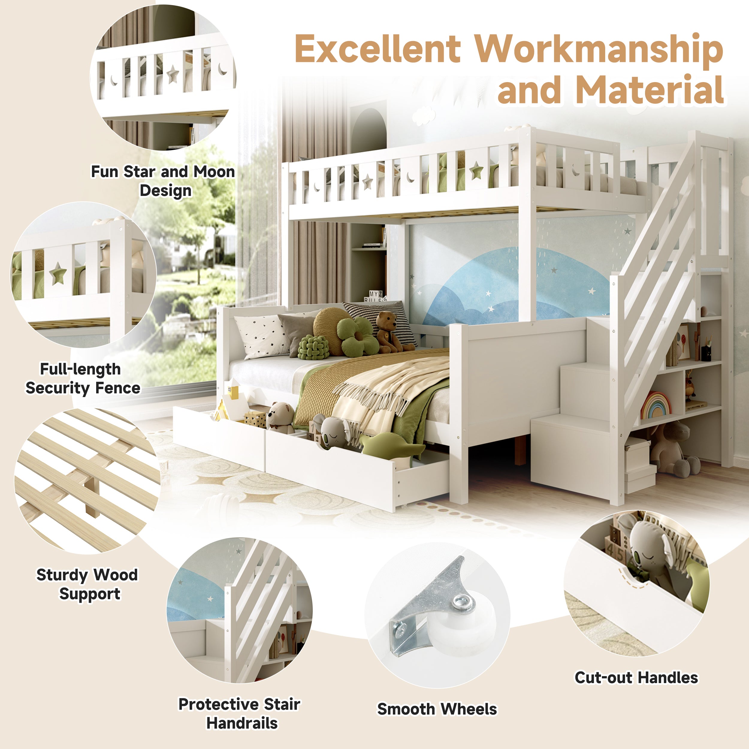 Bunk Bed with Two Storage Drawers and Side Hidden Storage Compartments, Solid Wood Loft Bed Frame with Space-Saving Design, Safety Guardrails & Staircase, Star and Moon Motifs, White (No Mattress)