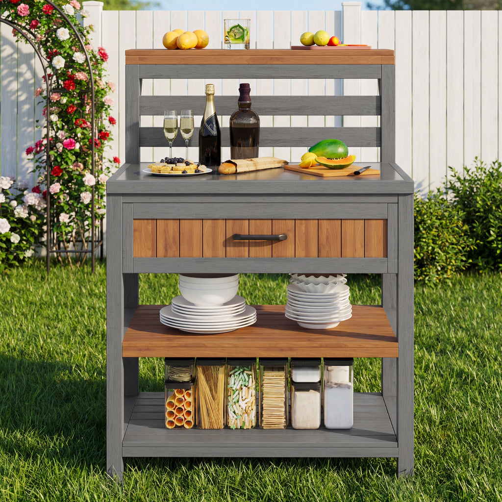 Wooden outdoor garden cabinet, outdoor cabinet with stainless steel worktop & large drawer, barbecue station with double shelf, tilt-proof design, weather-resistant kitchen cabinet for patios