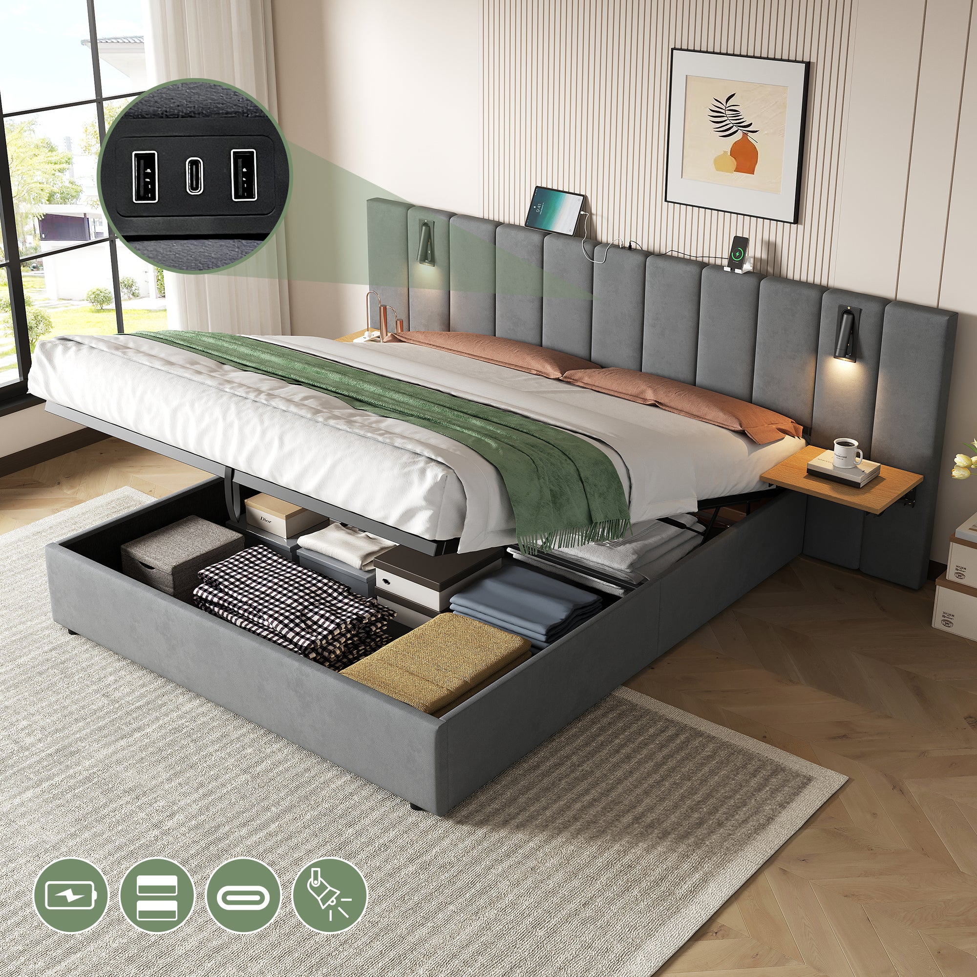 King Upholstered Bed with Charging Station, Velvet Hydraulic Storage Bed with Reading Light, 5ft King Bed Frame with Channel Tufted Headboard and Adjustable Bedside Shelf, Grey (No Mattress)