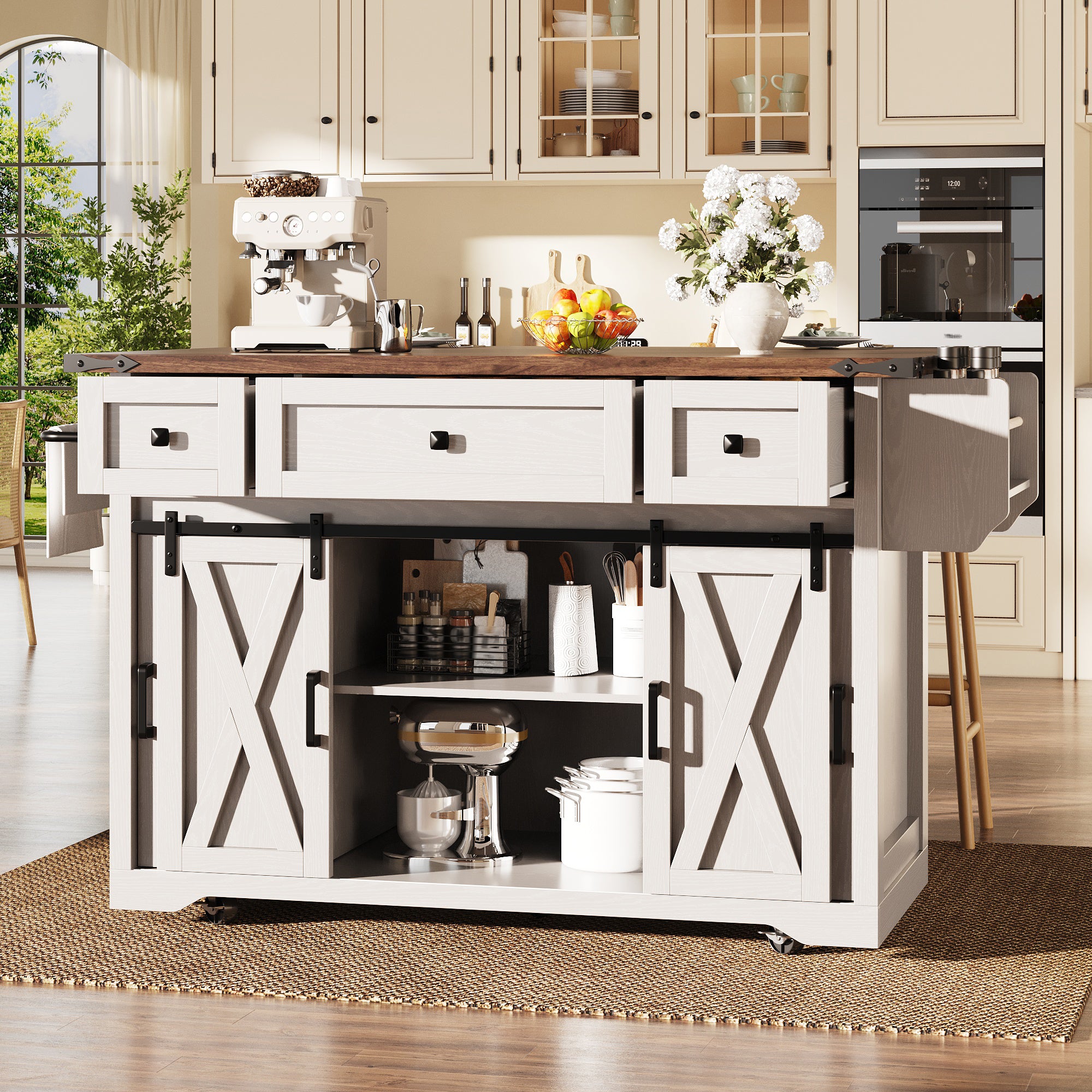 Kitchen island trolley with extendable worktop and power connection, 91cm working height, white/black, load capacity up to 75kg