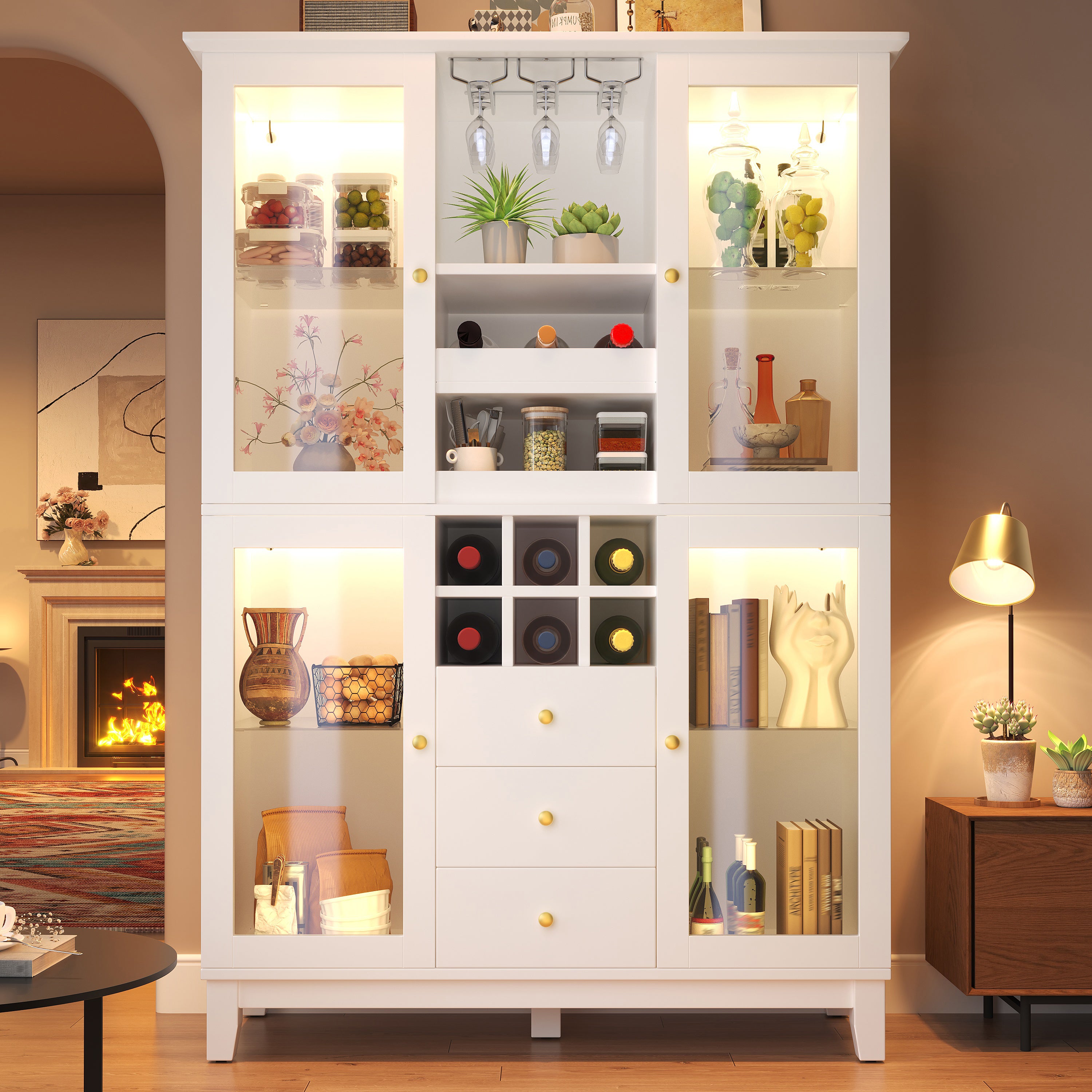 Wine Cabinet with App-Controlled LED Lights, 180.5cm Tall Storage Cabinet with Glass Doors, 3 Drawers, Wine Rack & Glass Holder, White
