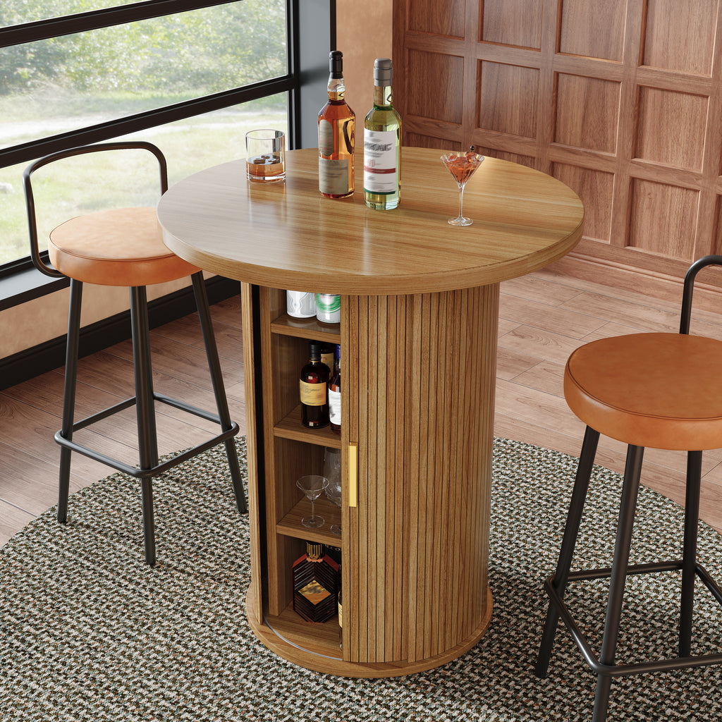 Round bar table with storage, 91.6cm high standing table with cabinet, MDF wood look, load capacity up to 75kg, for bar & living room