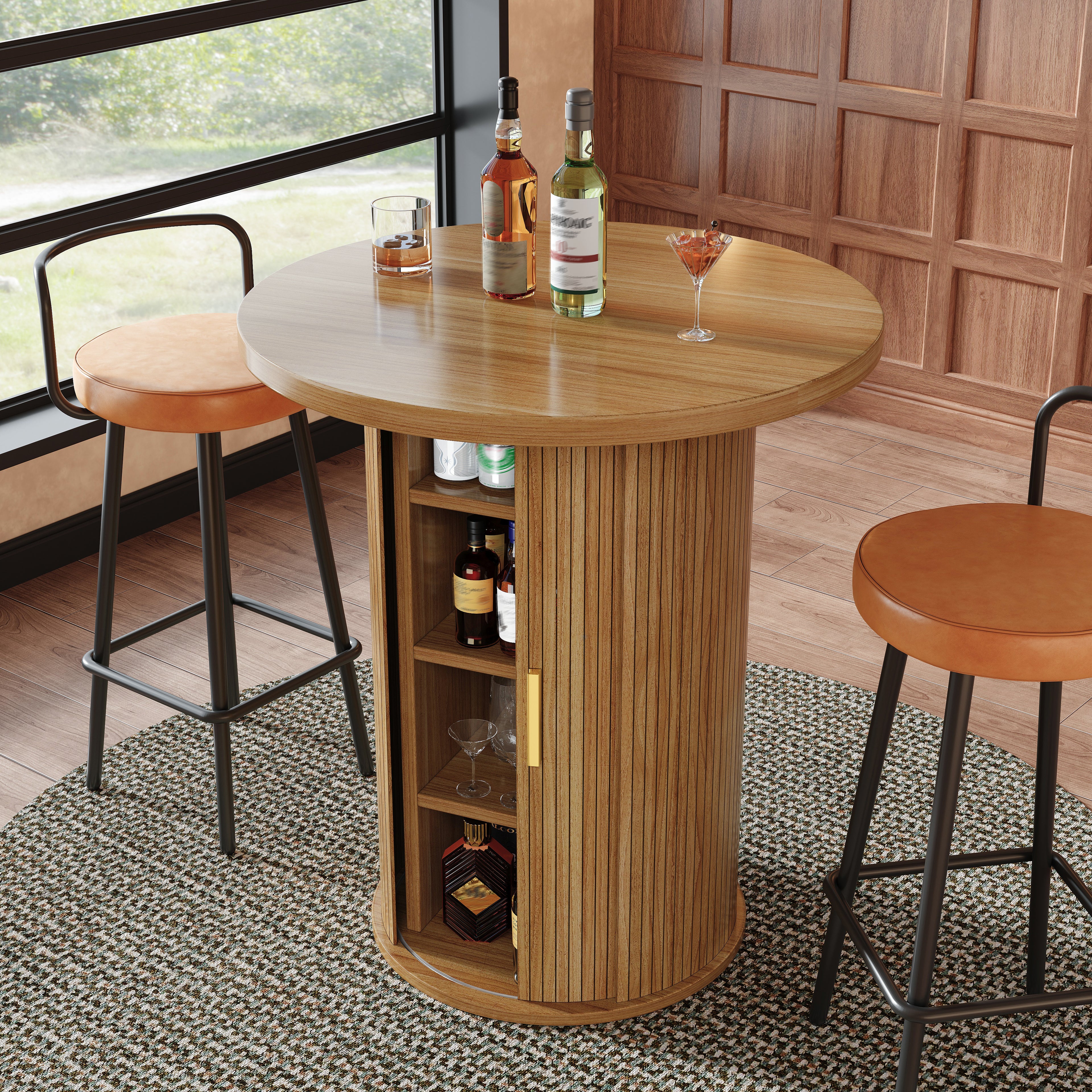 Round bar table with storage, 91.6cm high standing table with cabinet, MDF wood look, load capacity up to 75kg, for bar & living room
