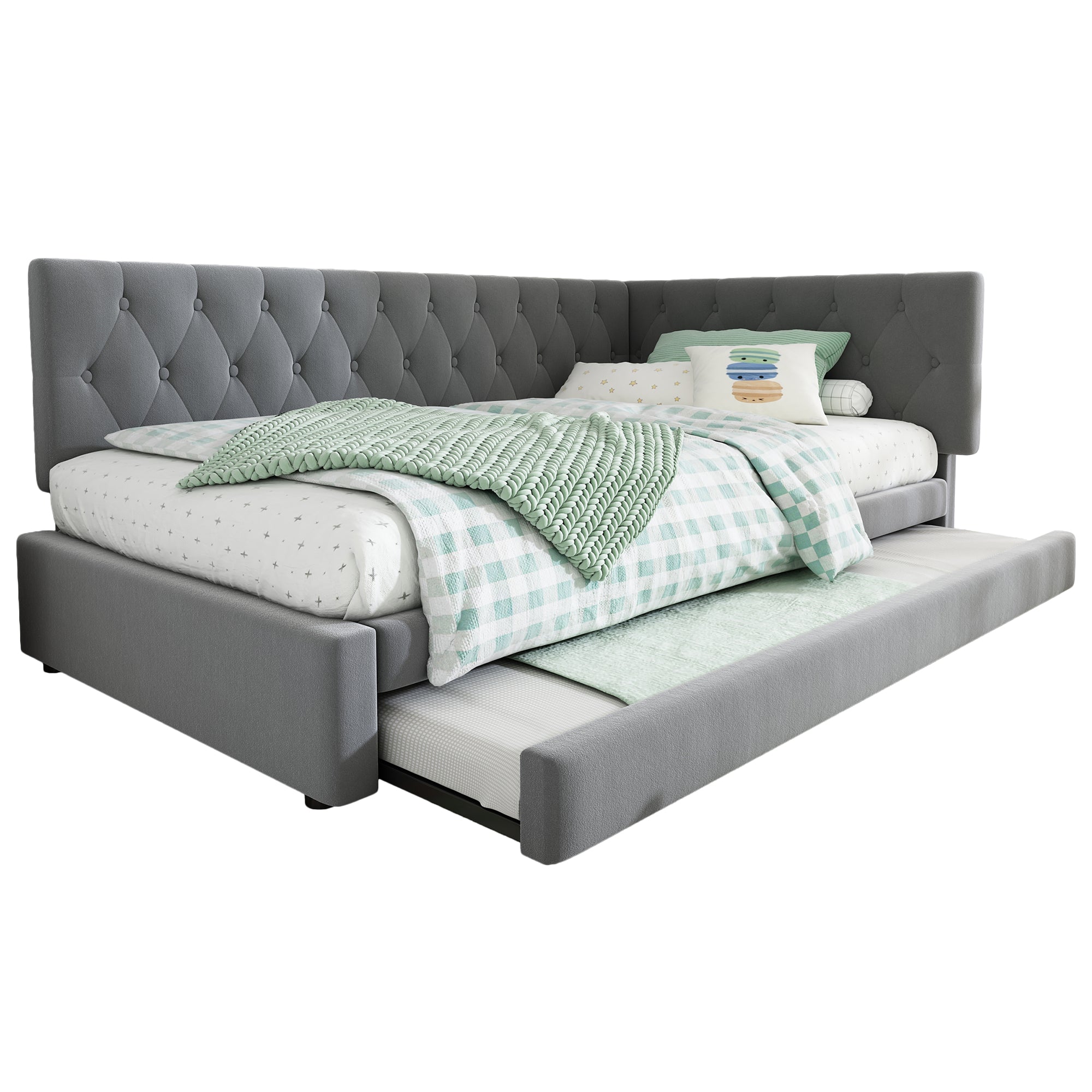 Upholstered Bed Daybed with Pull-Out Bed, 3FT Single Sofa Bed 90 x 190 cm, Ottoman Bed Trundle Beds for Adults and Kids, Bed with Slatted Frame, Velvet, Grey (No Mattress)