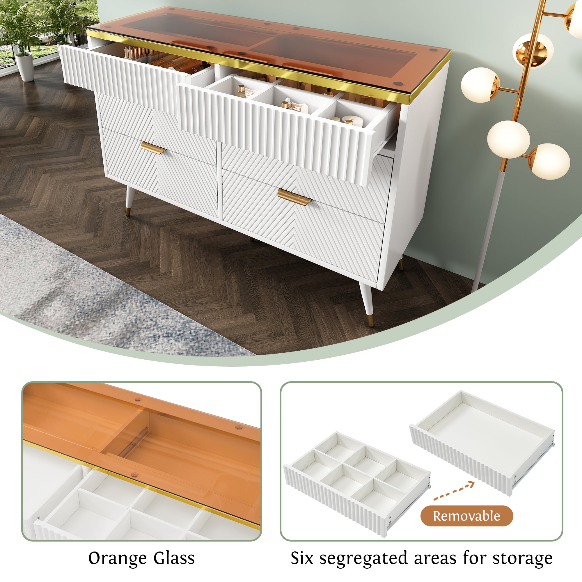 Sideboard Cabinet Dresser with 6 Drawers,Amber glass chest of drawers, Compartmentalised storage,Anti-tip,Dressing table for Living Room, Hallway, Bedroom, and Children's Room, 120 x 40 x 76 cm, White