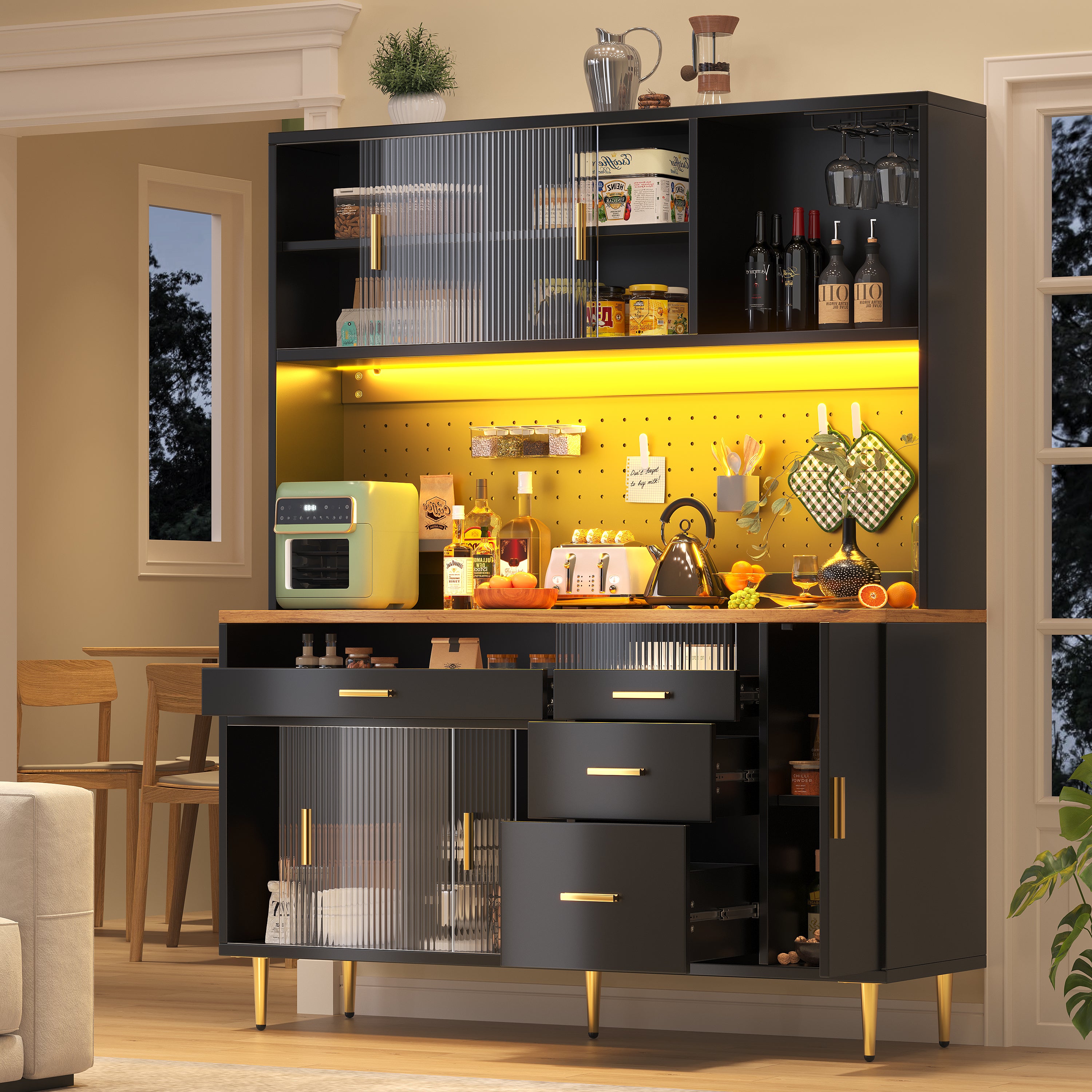 Highboard with LED Lighting & Pegboard Shelves, Tall Cabinet for Living Room, Kitchen & Dining Room Storage, Adjustable Freestanding Cupboard, 145x24x171cm, Black