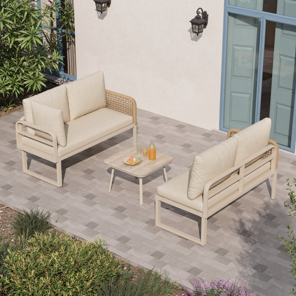 Garden Set with Wood-look Tempered Glass Table, Convertible 4 Seater Polyester Rope Conversation Set with Sofa and Armchairs, Weatherproof Outdoor Patio Corner Sofa for Balcony and Terrace,Beige