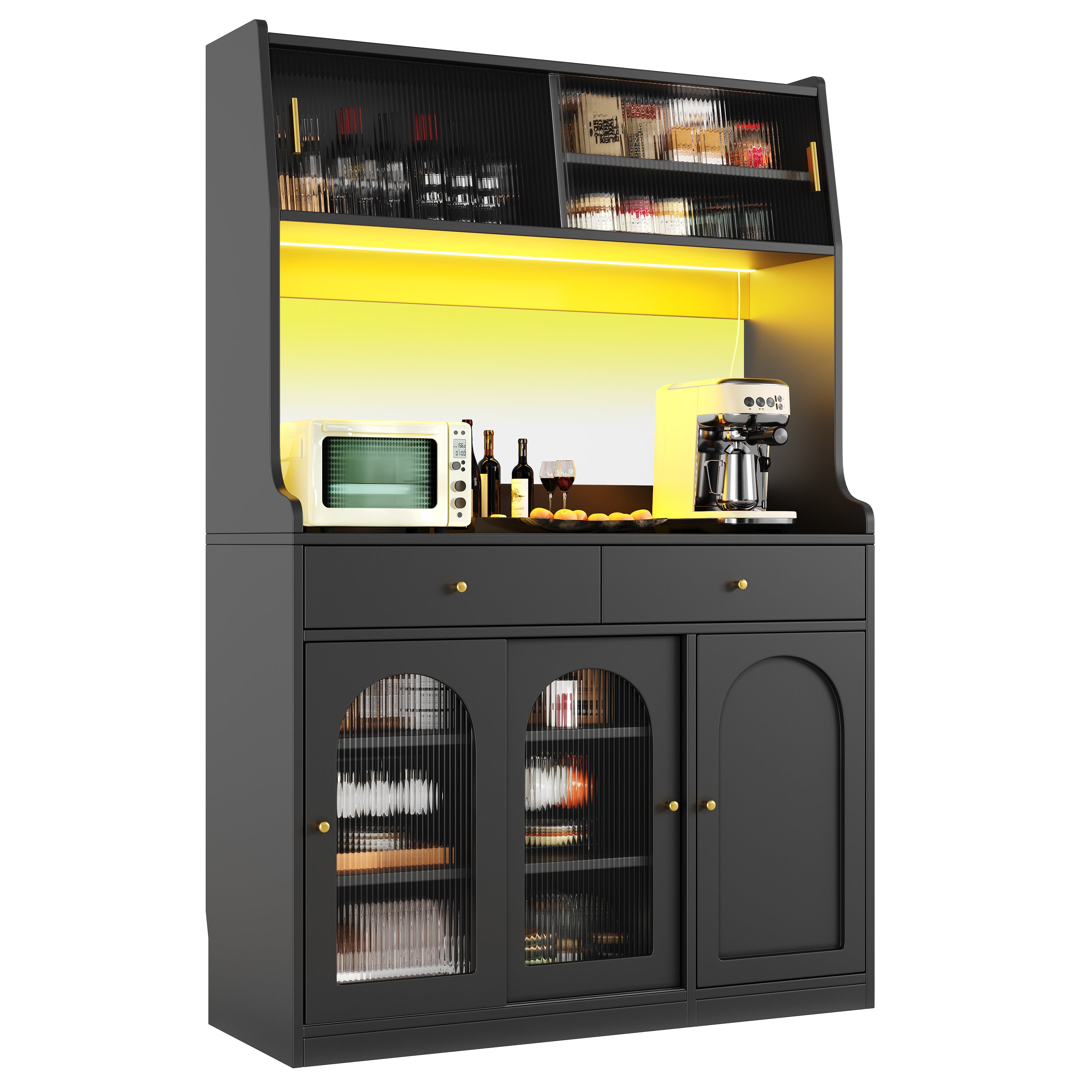Kitchen Cabinet(120*40*180cm), Tall Cabinet, Display Cabinet, Buffet Cabinet with Adjustable Shelves, Dining Room Cabinet with 2 Drawers, Sideboard with LED Lighting, Variable Light Colors, Black
