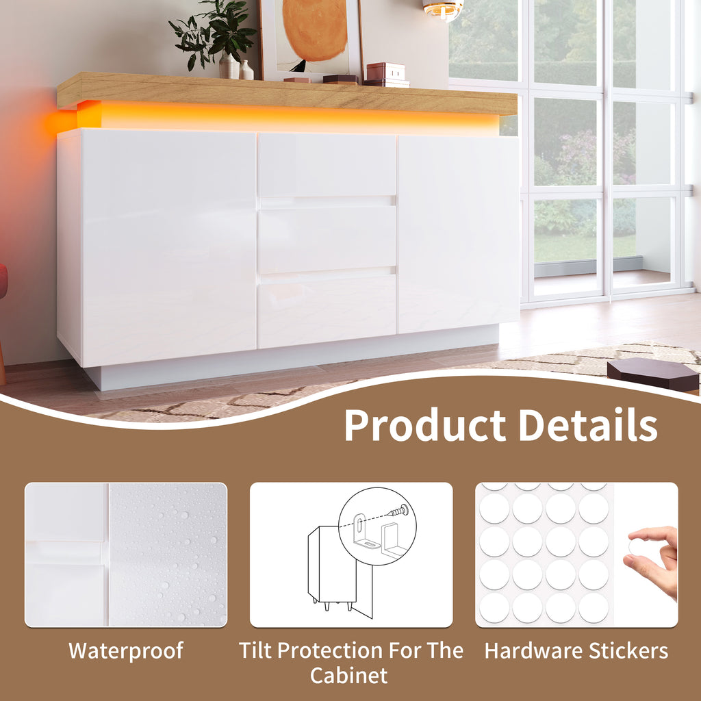 Chest of Drawers,High-gloss Sideboard Cabinet with 2 Doors and 3 Drawers,Storage with RGB LED(App-controlled),Multi-purpose Cabinet for Living Room and Bedroom, 81 x 140 x 39 cm, White